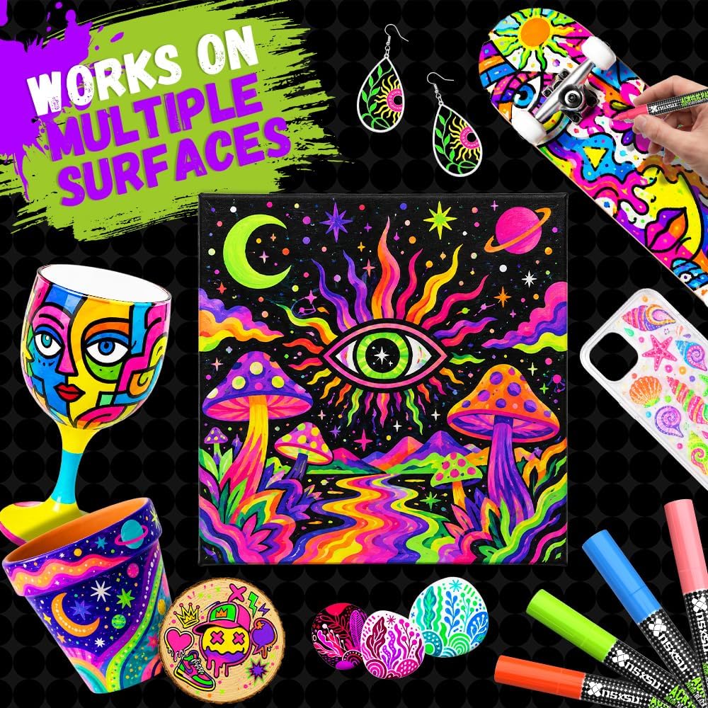 12 Acrylic Paint Markers, 10 Neon UV Colors + Black White, 0.7mm Fine Tip