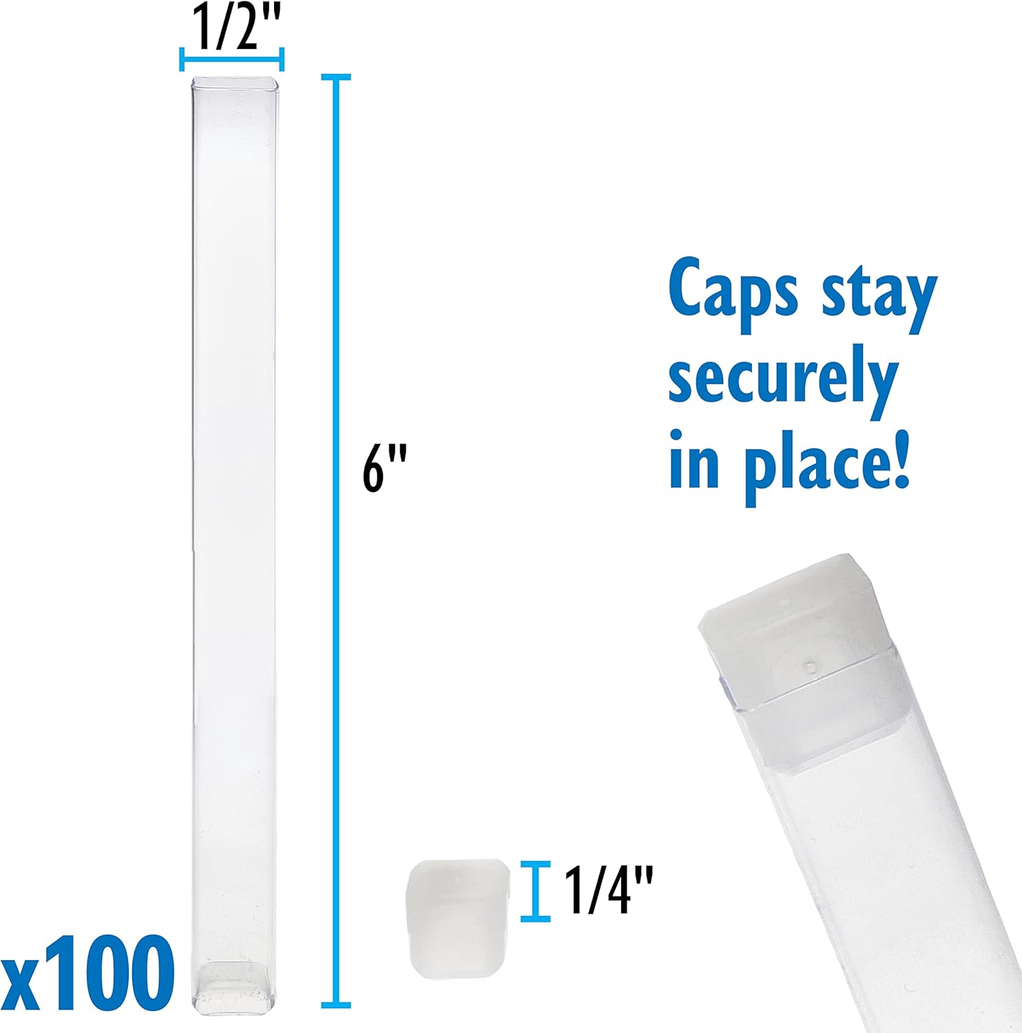 The Beadsmith Clear Plastic Tubes - 6 x .5 Inch Square Tubes - Flat Caps - Use for Beads, Bath Salts, Wedding & Party Favors, Home or Office Storage - Bag of 100