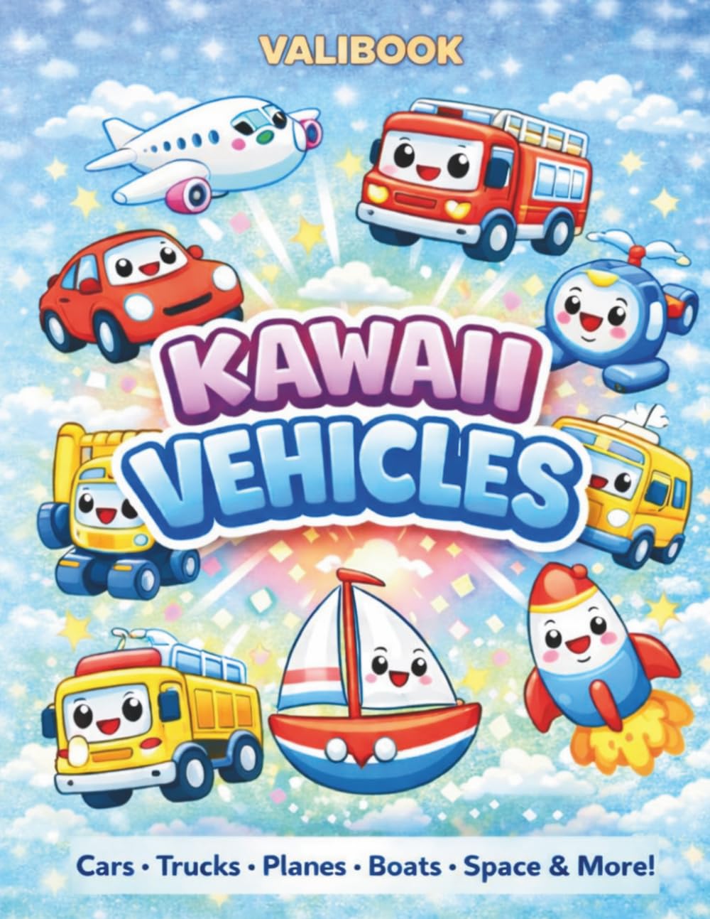 Kawaii Vehicles Coloring Book: Cute Cars, Trucks, Planes, Boats and Space Vehicles for Kids Ages 4-8 | Fun and Easy Kawaii Coloring Pages