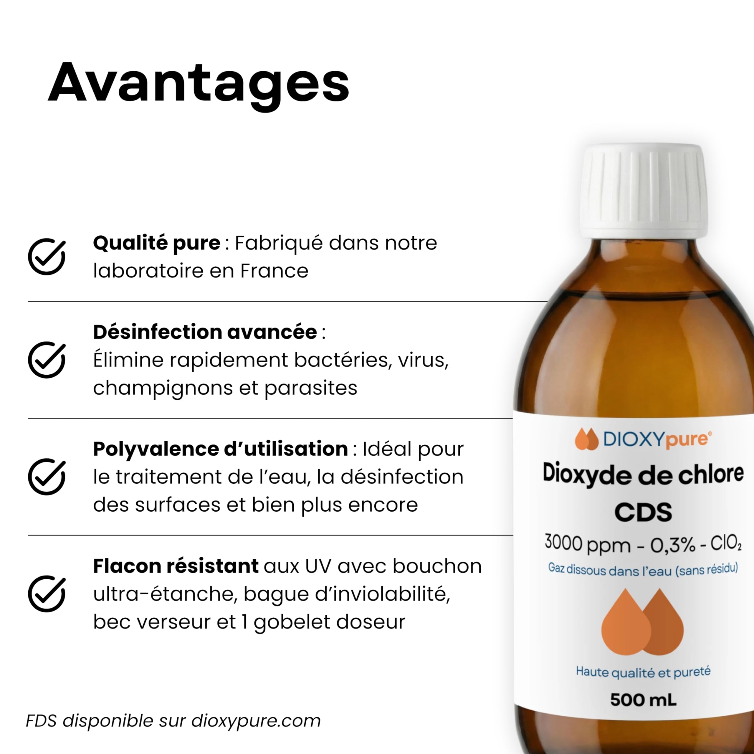 Solution de Dioxyde de Chlore - CDS - 3000 ppm - Gaz dissous dans l'eau (sans résidu) - Désinfectant - 500 mL - sans conservateurs ni substances ajoutées - Ultra Pure