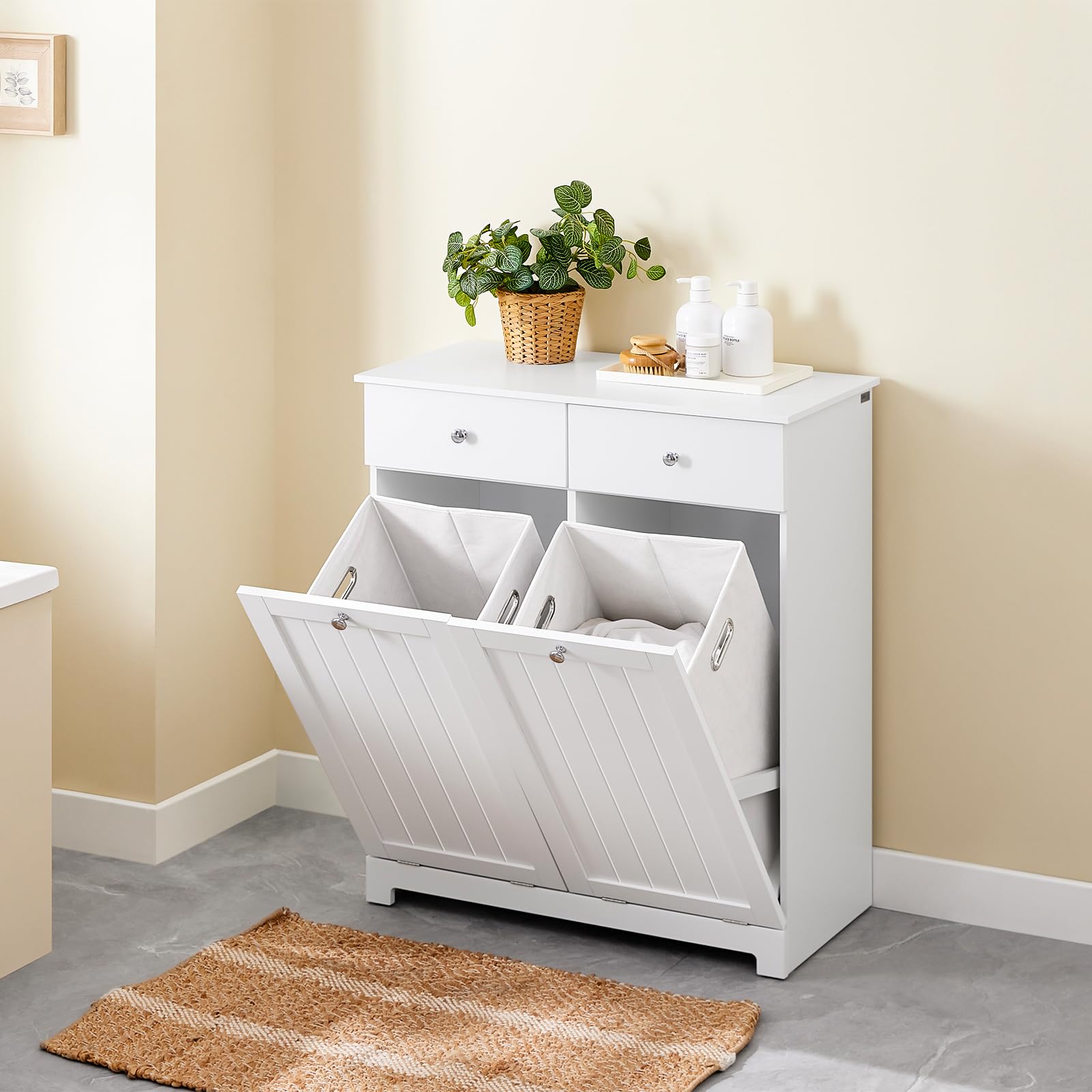SoBuy Mueble Basura Cocina con Cubo de Basura Integrado, Organizador de Reciclaje con 2 Cajones y 2 Bolsas de 45L Mueble Auxiliar Cocina con Cierre Silencioso, Blanco 78x38x90 cm BZR33-II-W | Mueble de cocina MDF E1 para clasificación de residuos con 2 ca