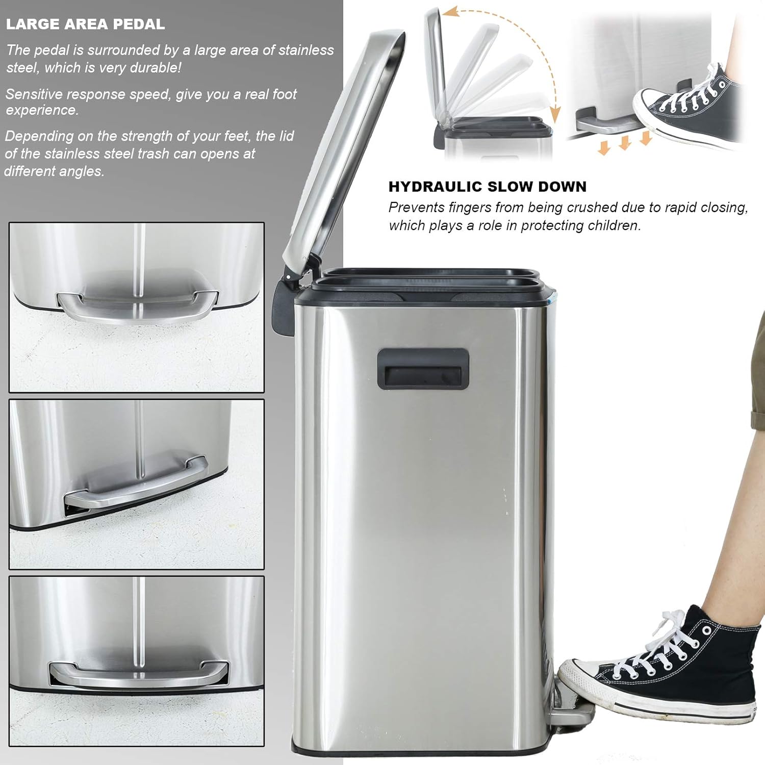 10 Gallon 40L Trash Can with Lid 2 Removable Liner Bucket Area for Office Kitchen Stainless Steel Metal Trash Can, Step Trash Can Wastebasket, Room Large Recycling Trash Can, Garbage Container Bin