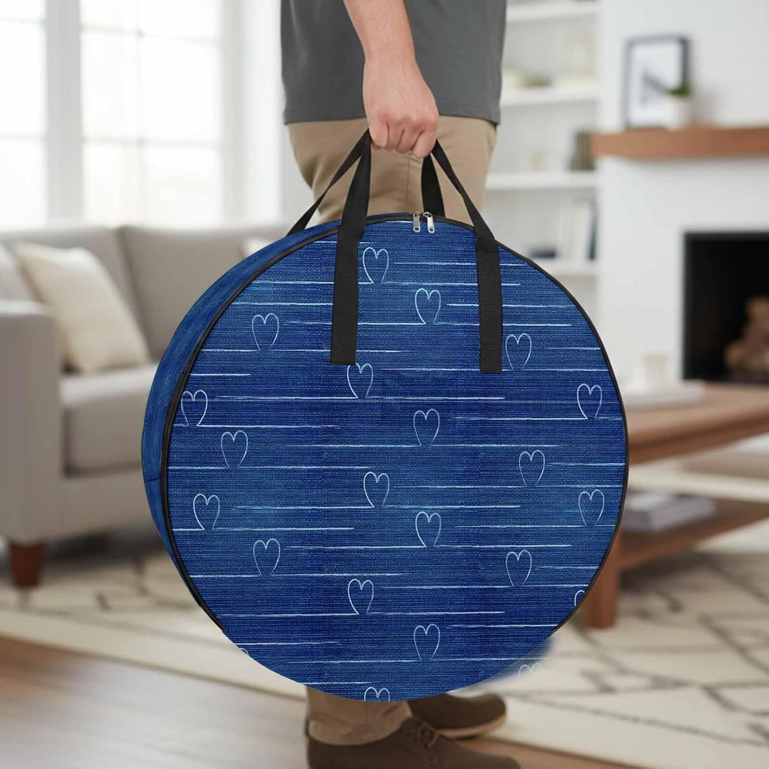 Valentine's Day Round Storage Bag 36 Inch, Nostalgic Love Washed Denim Color Clothes Storage Container with Handles Heavy Duty Organizer for Comforter, Bedding & Holiday Wreaths