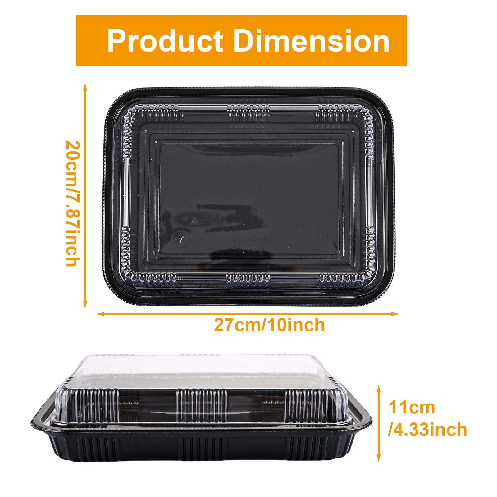 JMIATRY 20 bandejas de plástico reutilizables pequeñas para catering con tapas, 264 mm x 200 mm, bandejas para dulces y sándwich, recipientes de alimentos con base de patrón negro para fiestas y bufés
