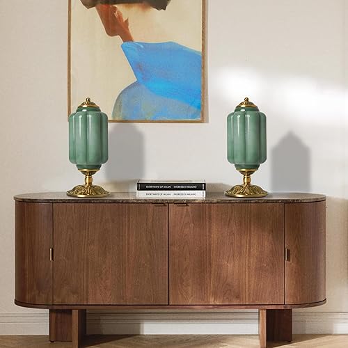 Miniatura 4 de Lámpara de mesa de cristal de leche, diseño moderno de granja con base de acabado de latón antiguo, luz de escritorio verde para decoración de sala