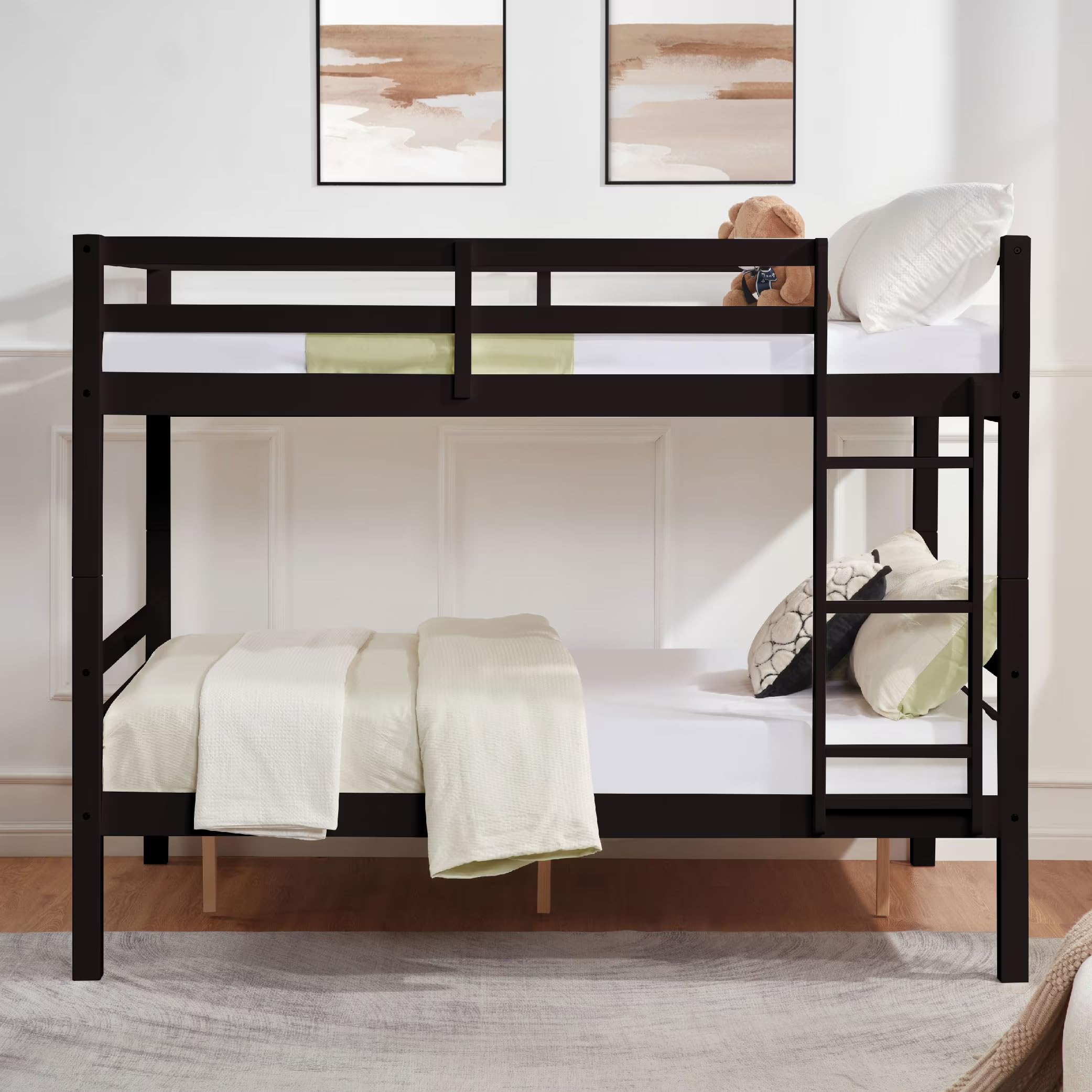 RocFath Twin Over Full Bunk Bed with Safety Guardrail & Storage - Solid Wood Heavy-Duty Frame, 400 lb Capacity, 14+14 Slat Support for Kids, Teens, Dorm Rooms - Space-Saving Design (Espresso)