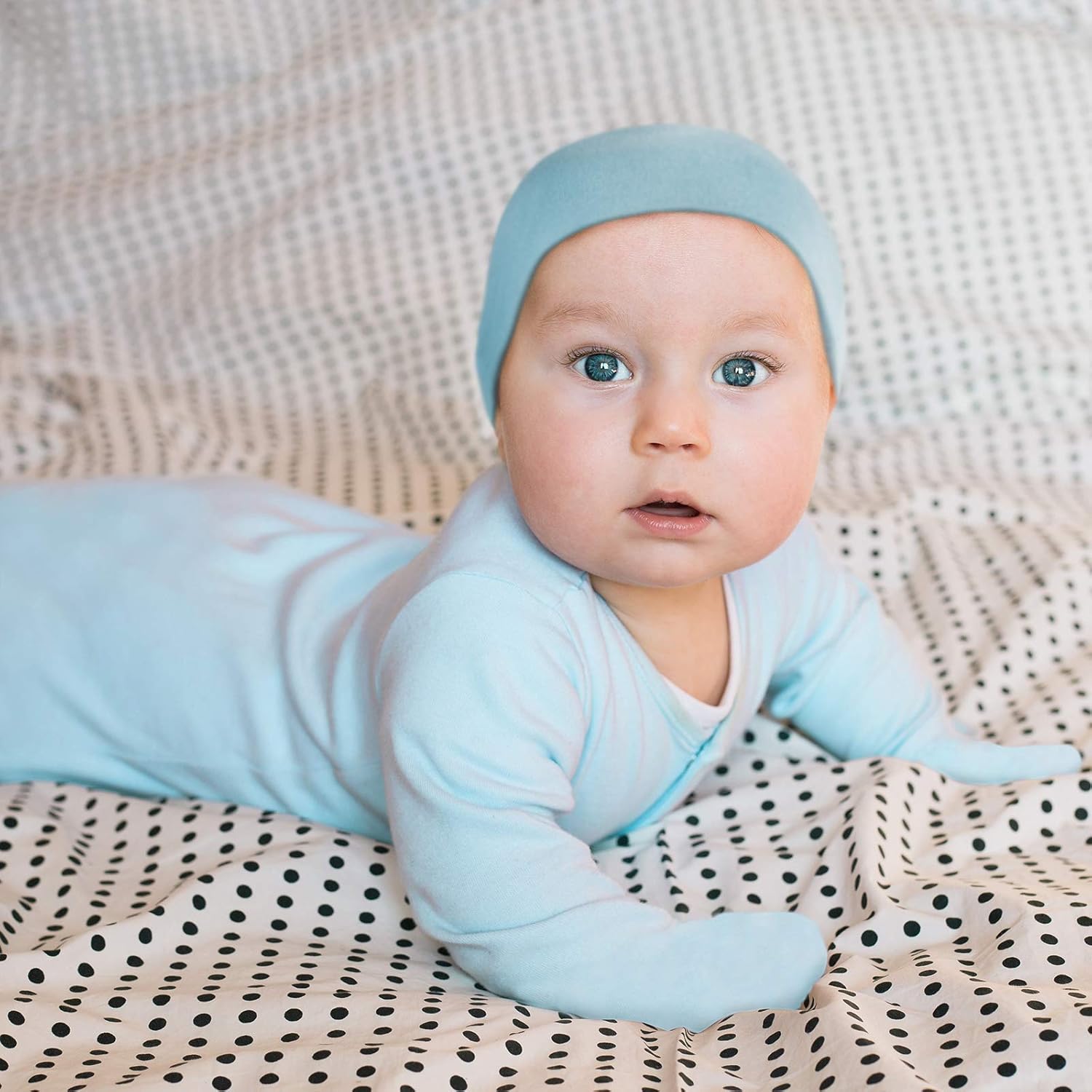 Newborn Baby Knotted Gown, Super Soft Silky Infant Long Sleeve Sleeper for Baby Girl and Boy Sleeping Bag with Hat (Sky Blue, 0-3 Months) - Image 6