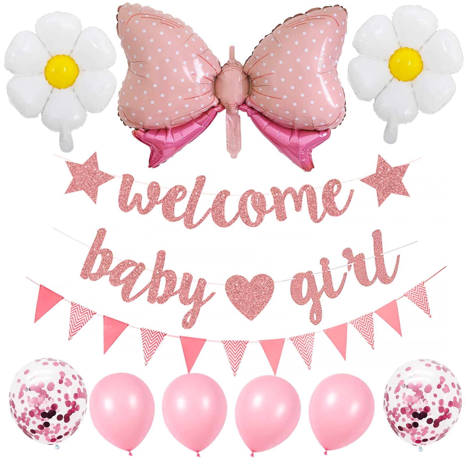 Drado ウェルカムベビー ベビーシャワー 飾り付け 出産祝い 女の子 風船 welcome baby girl ガーランド デイジーバルーン 三角フラッグ かわいい 性別発表 誕生祝い デコレーション パーティー（ピンク）