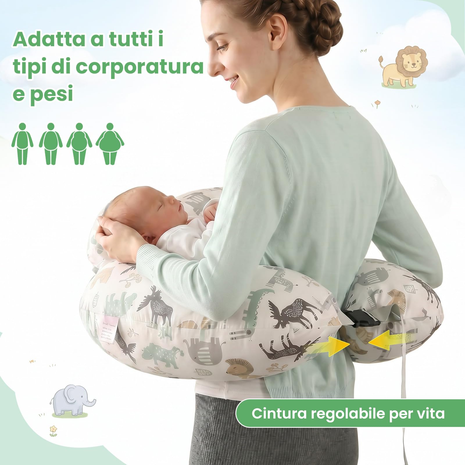 SHANNA Cuscino Allattamento - Multifunzionale Cuscino per Allattamento Forma Ergonomica, Rivestimento in 100% Cotone, Fodera Removibile, Cuscino Maternità per Allattamento Lavabile (Animali)