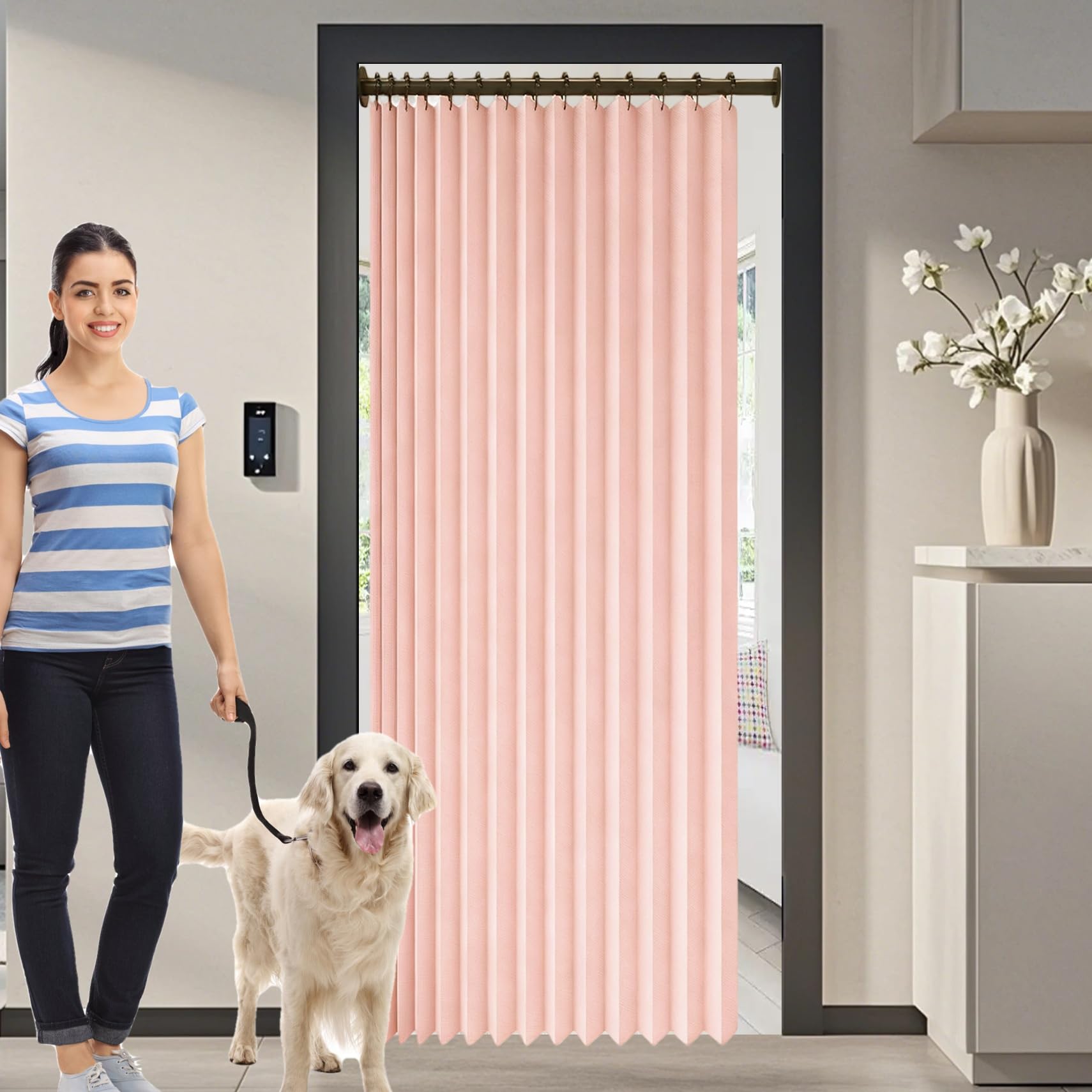 Rideau de porte pliant occultant rose pour créer un cocon moderne et thermique au salon