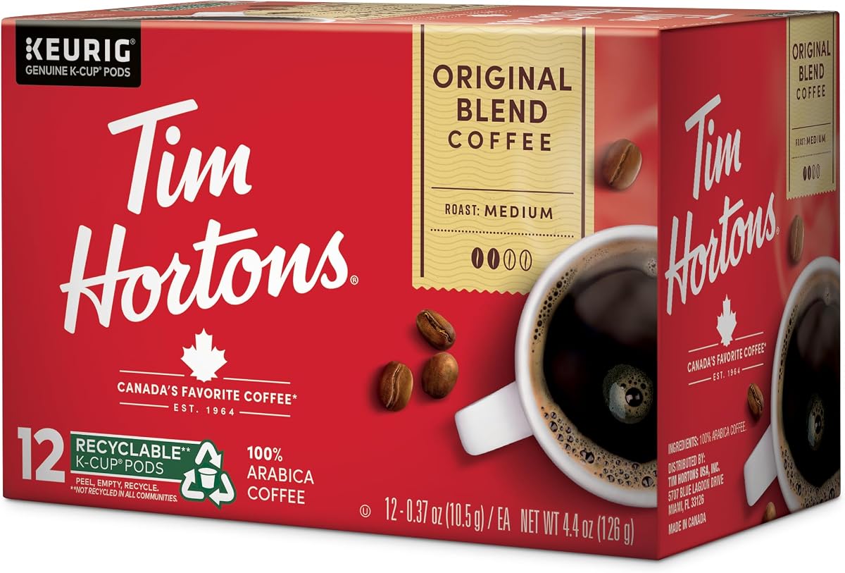 Tim Hortons Original Blend, Medium Roast Coffee, Single-Serve K-Cup Pods Compatible with Keurig Brewers, 12ct K-Cups