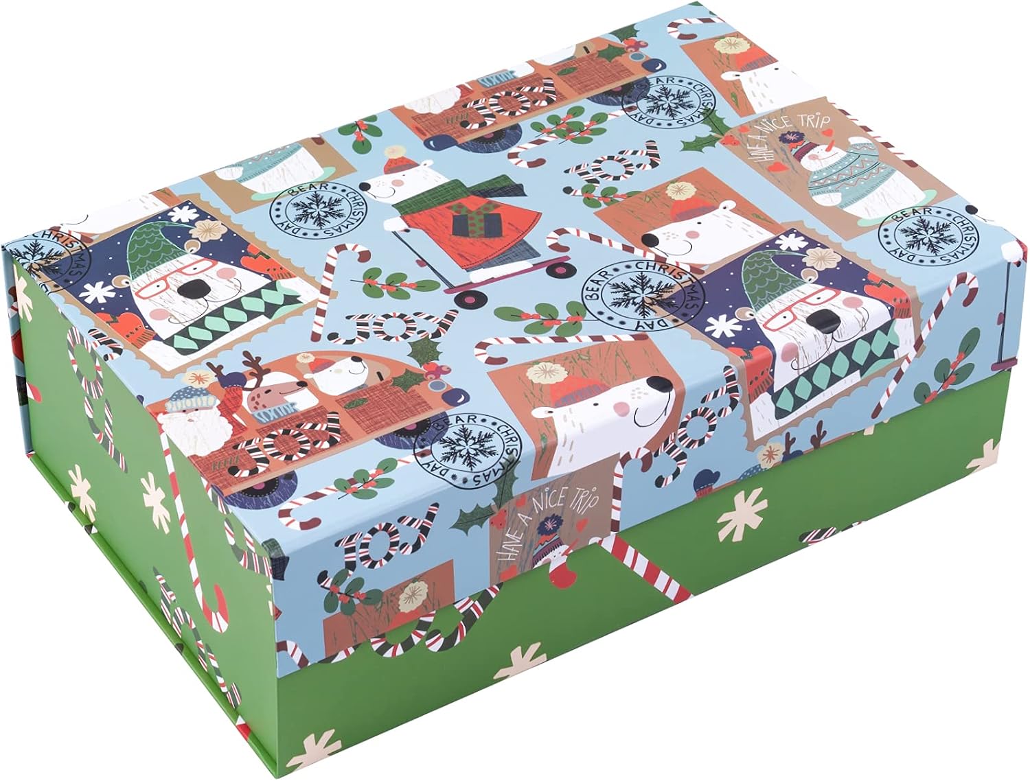 WRAPAHOLIC 1 Pcs Christmas Gift Box with Lid - 14x9x4.3 Inches Polar Bear and Postmark Design Gift Box, Collapsible Gift Box with Magnetic Closure and 2 Pcs Tissue Paper