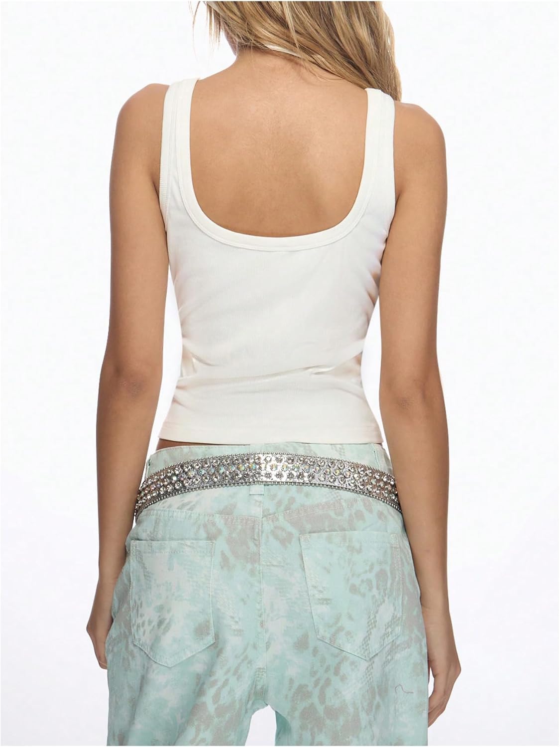 SHENHE Women's Ribbed Rhinestone Tank Top Square Neck Slim Fit Boho Summer Dressy Crop Top - Image 2