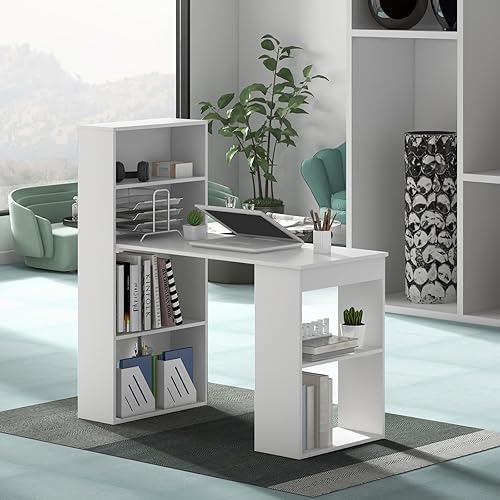Vista 2 de Giantex 48 Inch Computer Desk with Bookshelf, 3-in-1 Home Office Desk with 4-Tier Bookcase & CPU Stand, Space-Saving Reversible Writing Desk Work
