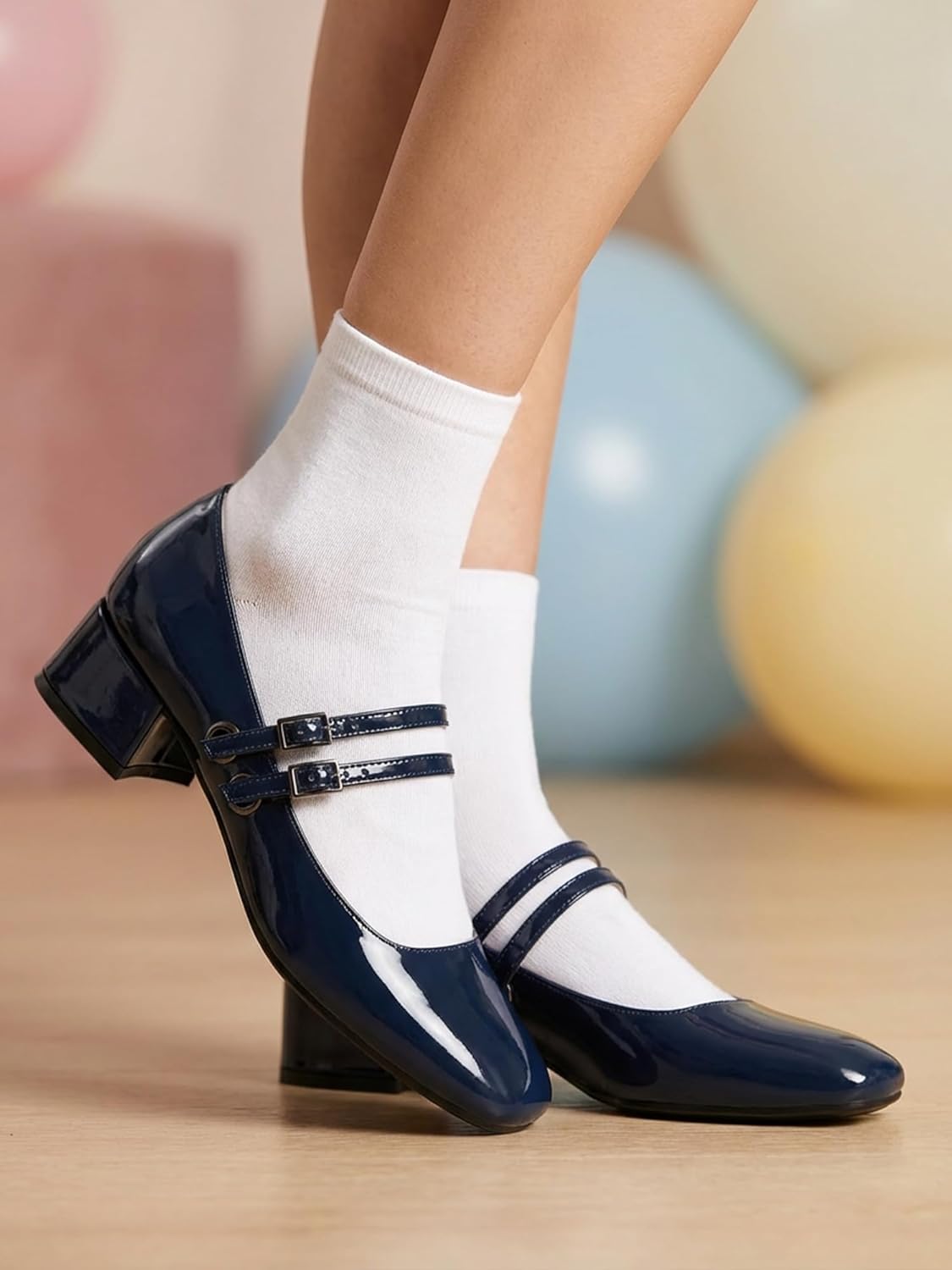 Women's Mary Jane Low Pearl Heels Closed Square Toe Pumps Ballet Dressy Double Strap Comfortable Slip on Shoes - Image 3