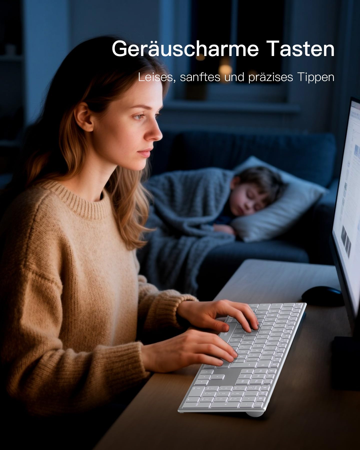 Inateck Kabellose Tastatur,KI-Funktion Bluetooth Tastatur mit 3 Bluetooth Kanälen,Deutsches QWERTZ Layout,Leise Tasten, Kompatibel mit iPadOS Android, Windows,KB06007