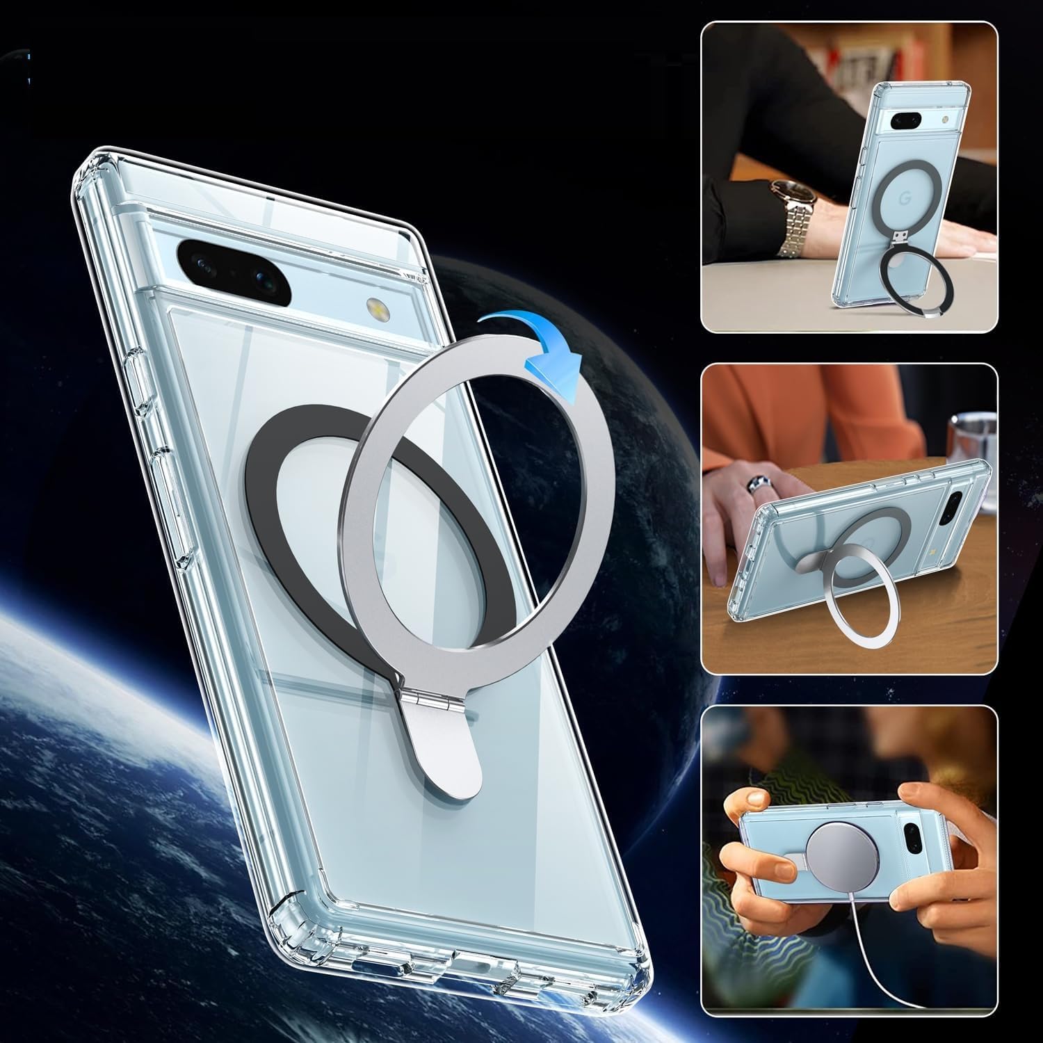 Custodia Magnetica Per Google Pixel 8 (2023) - Cover Trasparente Anti-Giallo Con Anello E Supporto, Nero