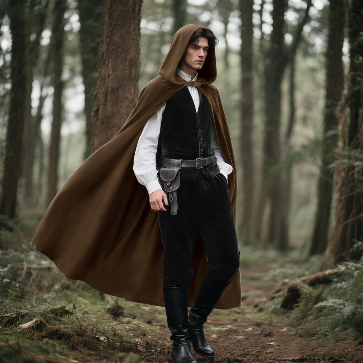 Medieval Cloak with Hood Men Renaissance Costume Accessories Halloween Cosplay Velvet Cloak Hood - Image 4