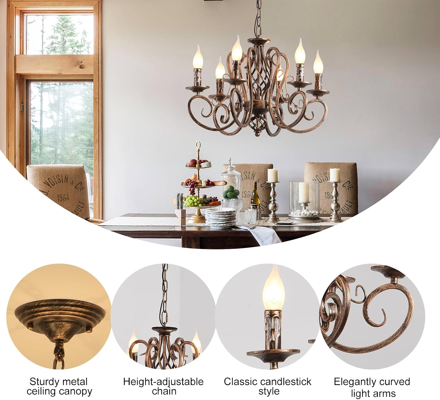 Ganeed French Country Chandeliers,6 Lights Candle Wrought Iron Chandelier,Rustic Farmhouse Pendant Light Fixture Hanging Lighting for Kitchen Island,Dining Room,Living Room,Foryer