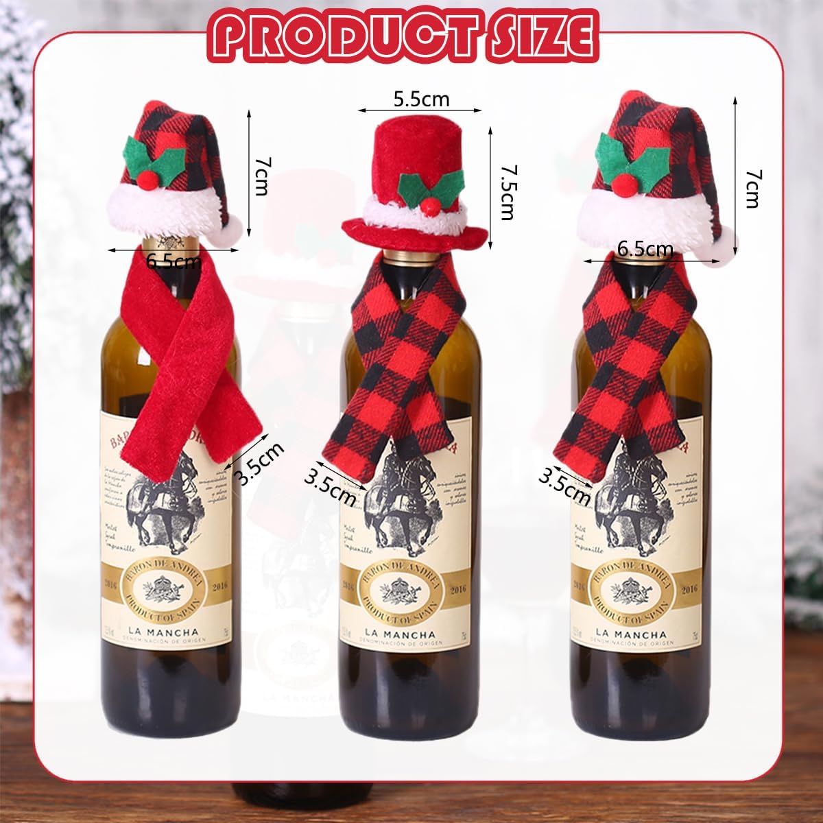 6 Pieces Christmas Wine Bottle Cover Set Xmas Buffalo Plaid Mini Santa Hat Scarf Wine Bottle Decoration for Christmas Party Silverware Holders Candy Covers Table Ornaments