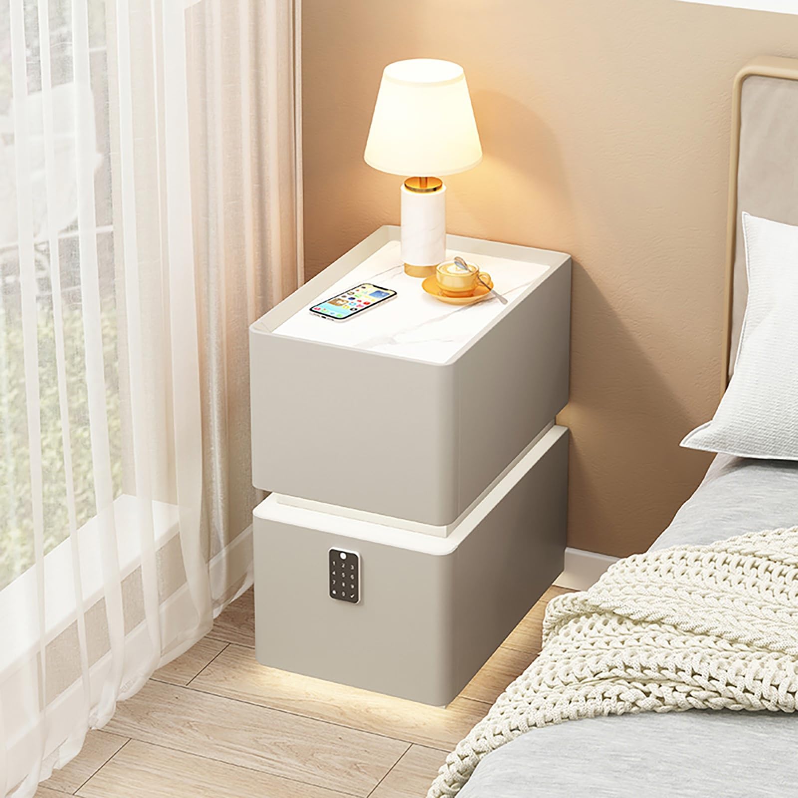 Smart Nightstand with Drawer, Solid Wood Bedside Table with PU, Bedside Dresser with 2 Drawers, Nightstand Wooden Narrow Side Table, Night Stand with