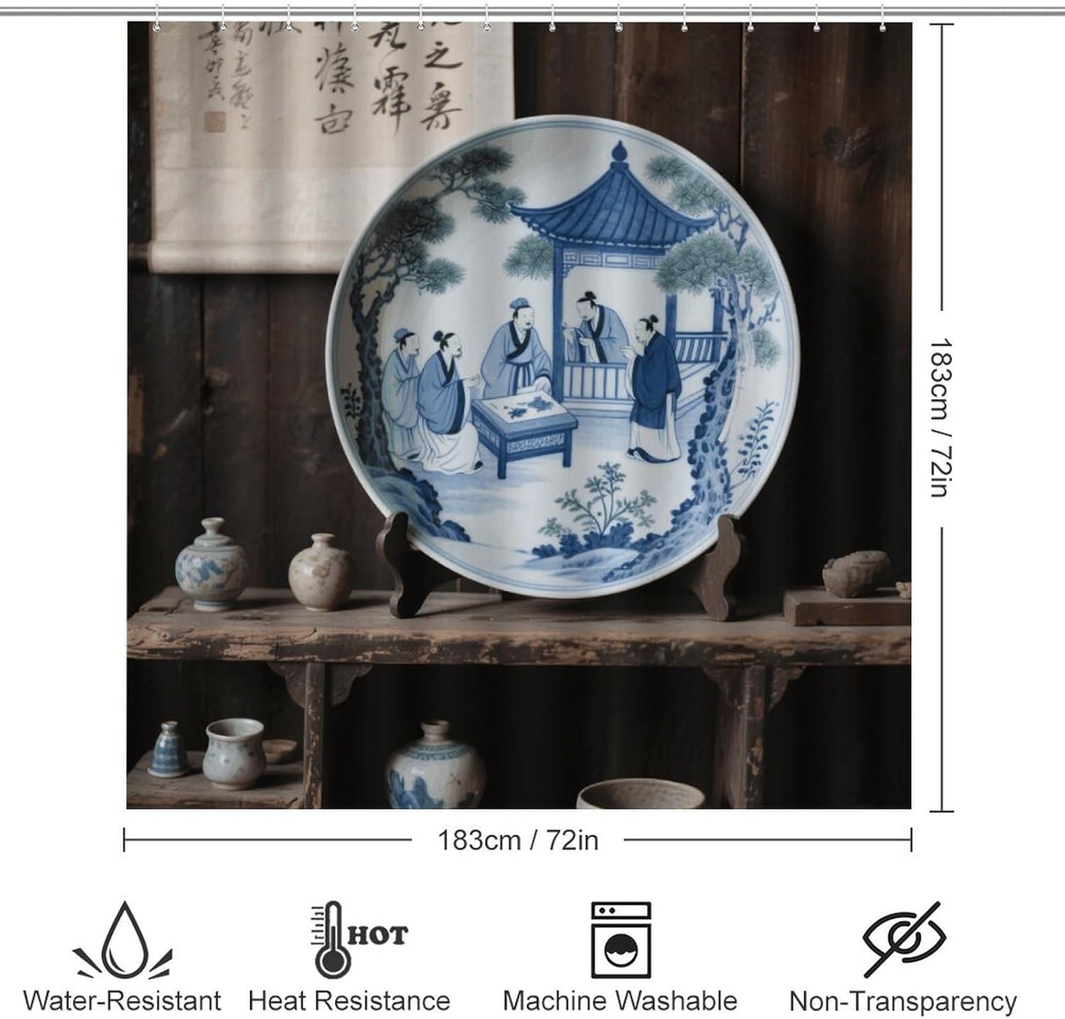 Blue and White Porcelain Shower Curtain Set 4 Piece, Non-Slip Bath Mat with Toilet Lid Cover and Waterproof Shower Curtain with 12 Hooks, Complete Bathroom Set for Home Decor