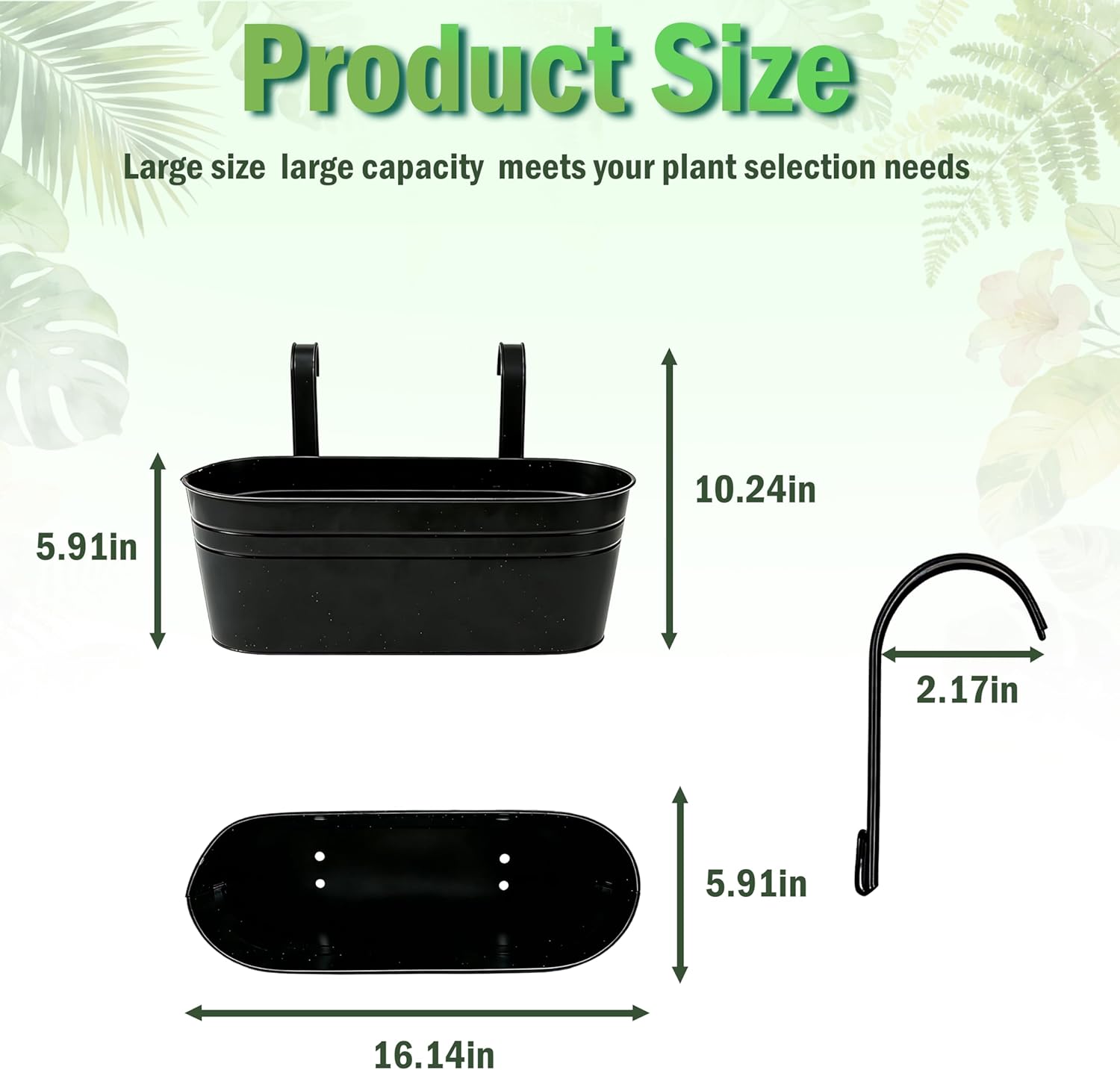 SYITCUN Metal Railing Planter Boxes 16 Inch, 3-Pack Adjustable Hanging Flower Pots for Balcony, Deck, Porch & Fence, Detachable Hook Design, Black Heavy Duty Planters for Outdoor