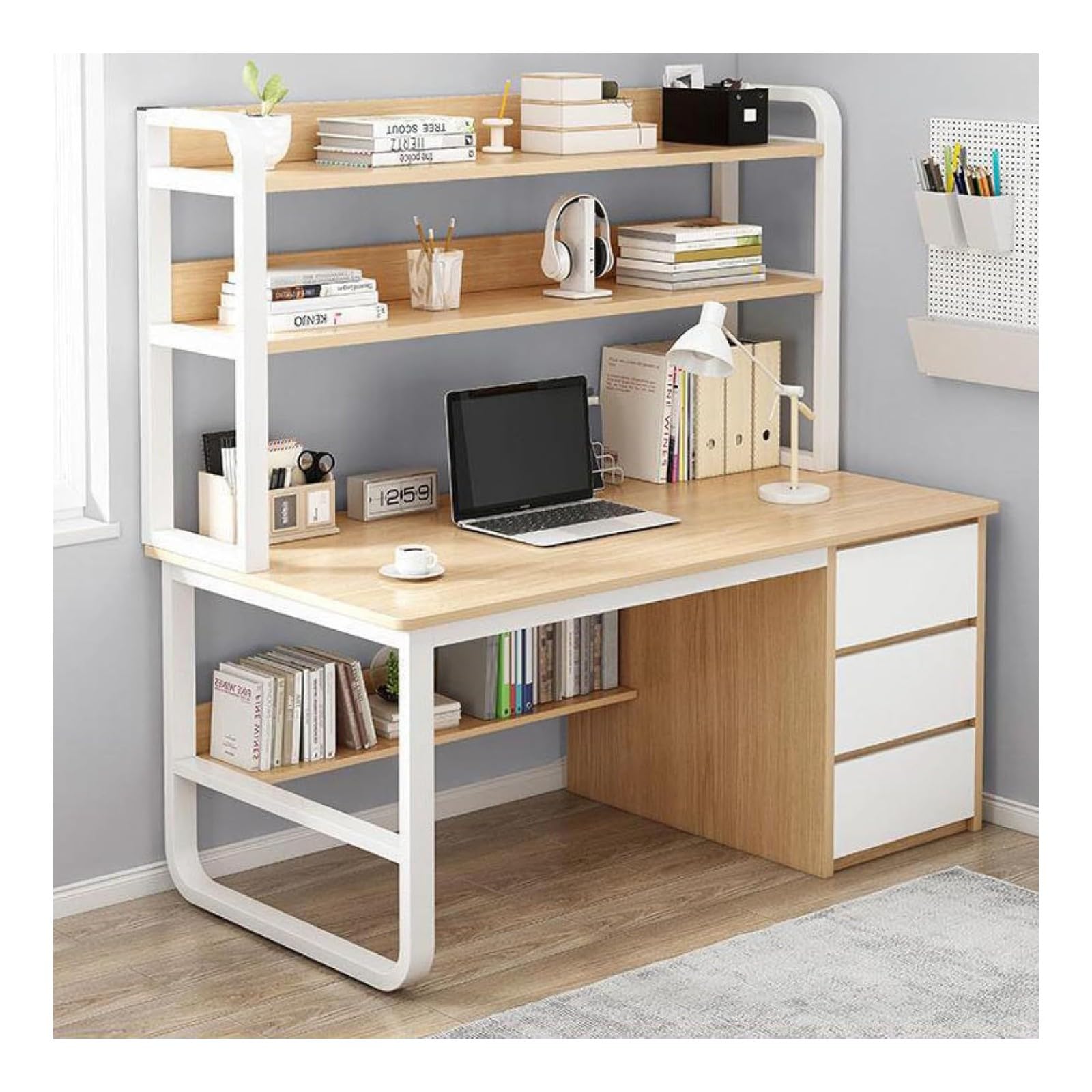 WDSOPK Computer desk Home Office Desk Computer Desk with 3 Drawers and Storage Shelves, Bookshelf Workstation for Study Play Work Bedroom Home Office（Natural-100cm）