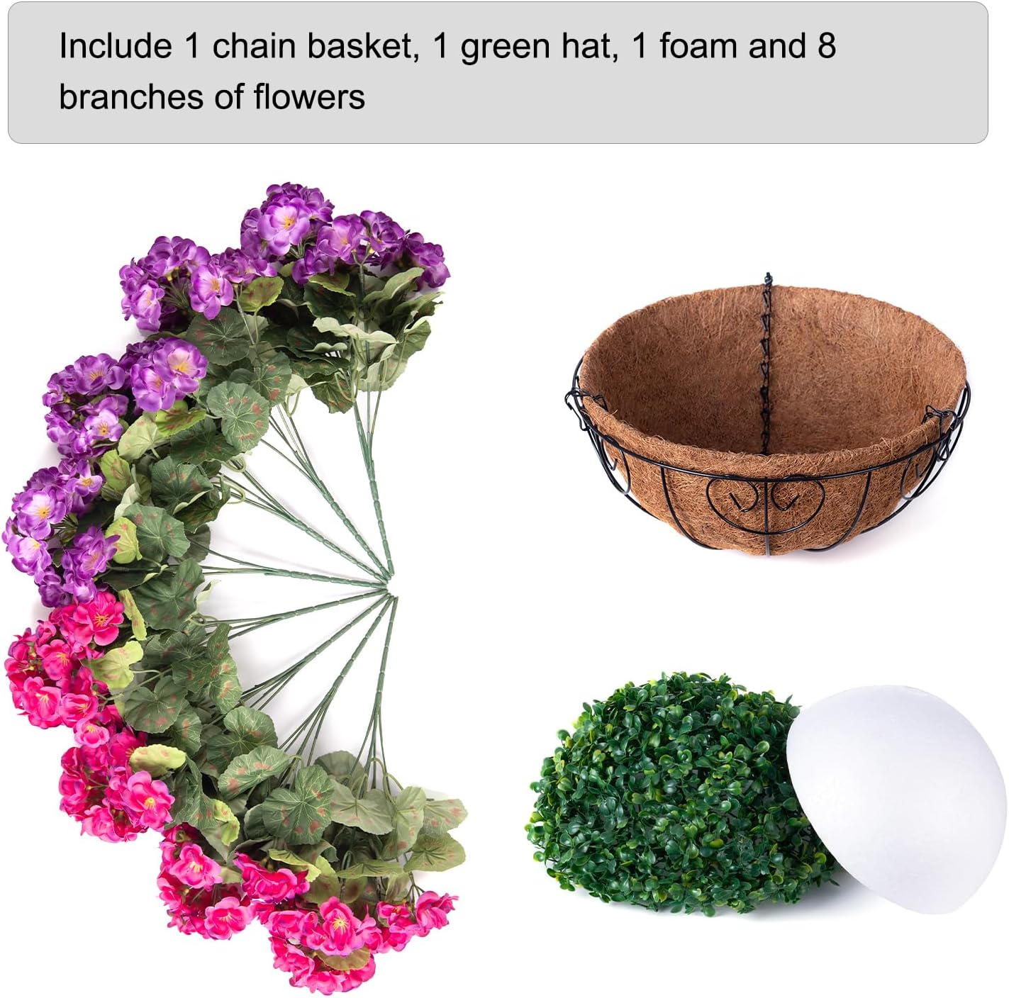 INSPRING Geraniums Artificial Flowers Hanging Basket for Outdoors Outside Spring Decoration, 8 Bundles Silk Flowers Fake Plants Look Real UV Resistant for Porch Home Patio Balcony Yard, Purple Fuchsia