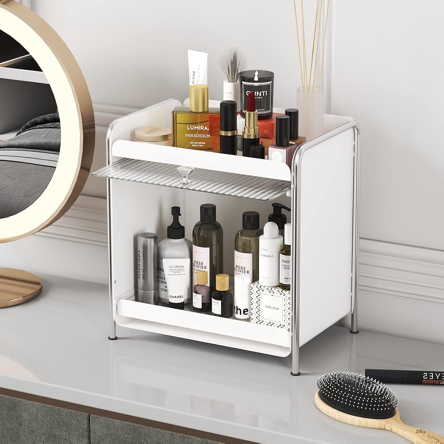 Wisdom Star Makeup Organizer for Vanity, Elegant Bathroom Organizer Countertop with Semi-transparent Lid for Cosmetics, Lipsticks, Skincare, Perfume, Ideal for Cosmetic Display Cases, White : Beauty & Personal Care