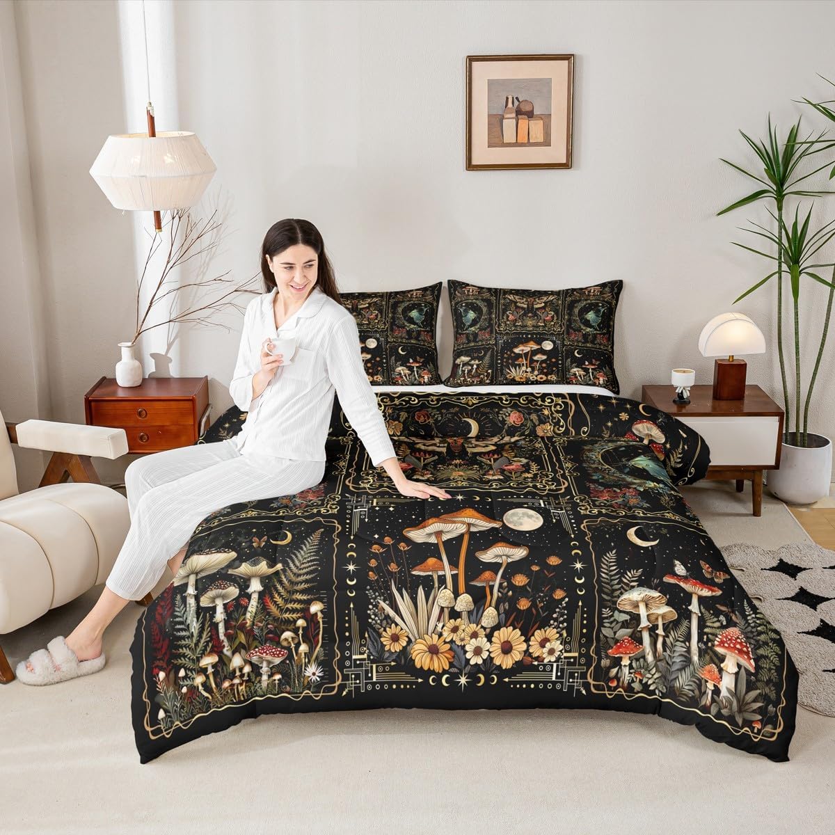 Castle Fairy Mushroom Kids Comforter Set,Gothic Bohemia Style Down Alternative Adults Bedroom Decor,Black Natural Wild Plant and Butterfly Ultra Soft Microfiber Inner Fill 3Pcs Bedding Queen Size