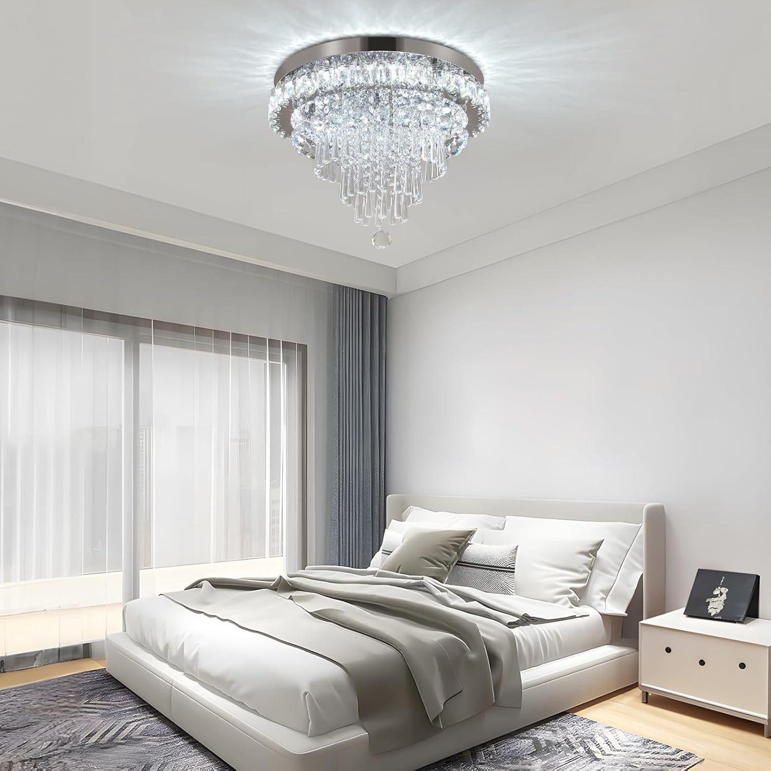 FRIXCHUR 17.7" LED Crystal Chandelier Modern Crystal Ceiling Light Fixture Large Flush Mount Chandeliers Ceiling Lighting for Living Room Bedroom Kitchen (6500K Cool White)