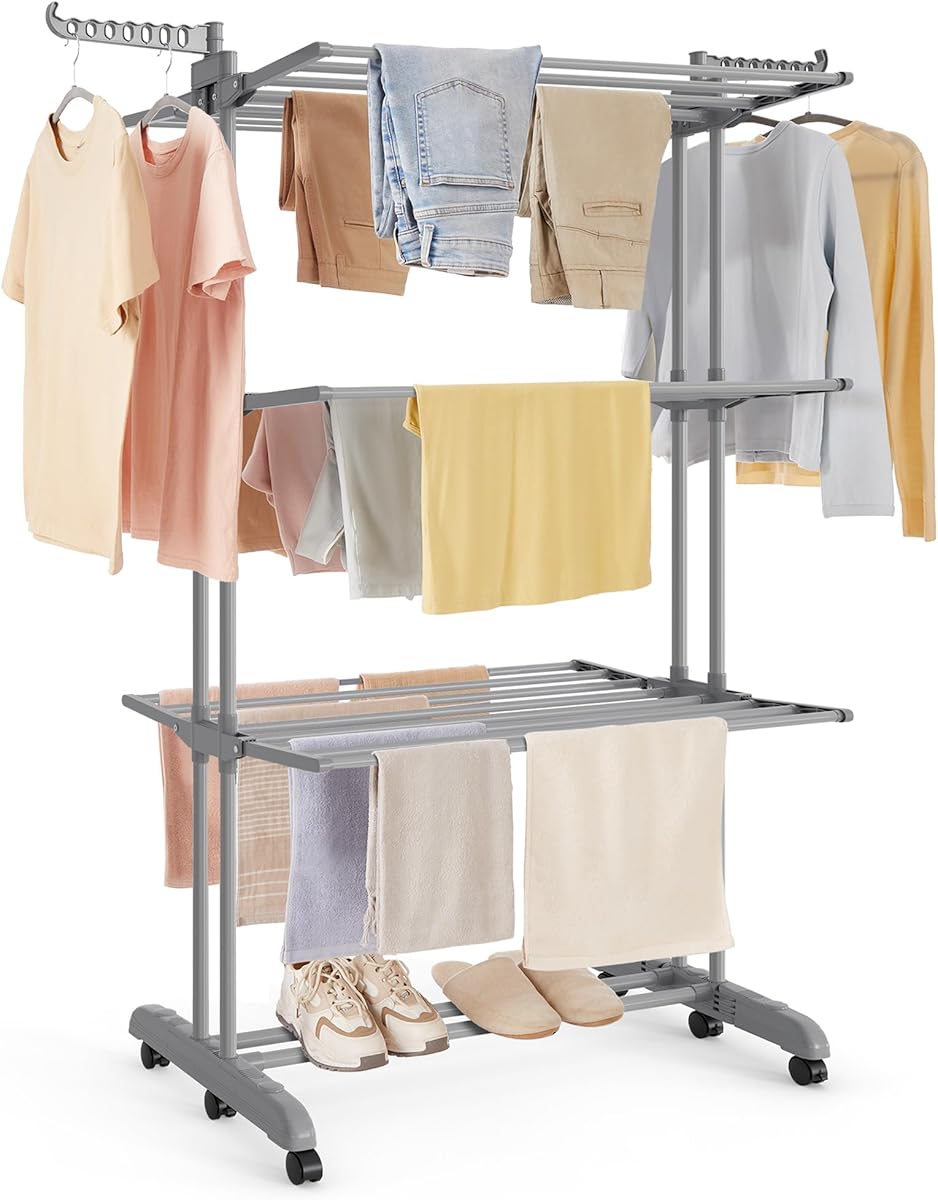 SONGMICS LLR703G01 Portable Clothes Airer with Wheels 4 Levels Foldable 63.5 x 125.5 x 173 cm Large Capacity Indoor and Outdoor Use Dove Grey