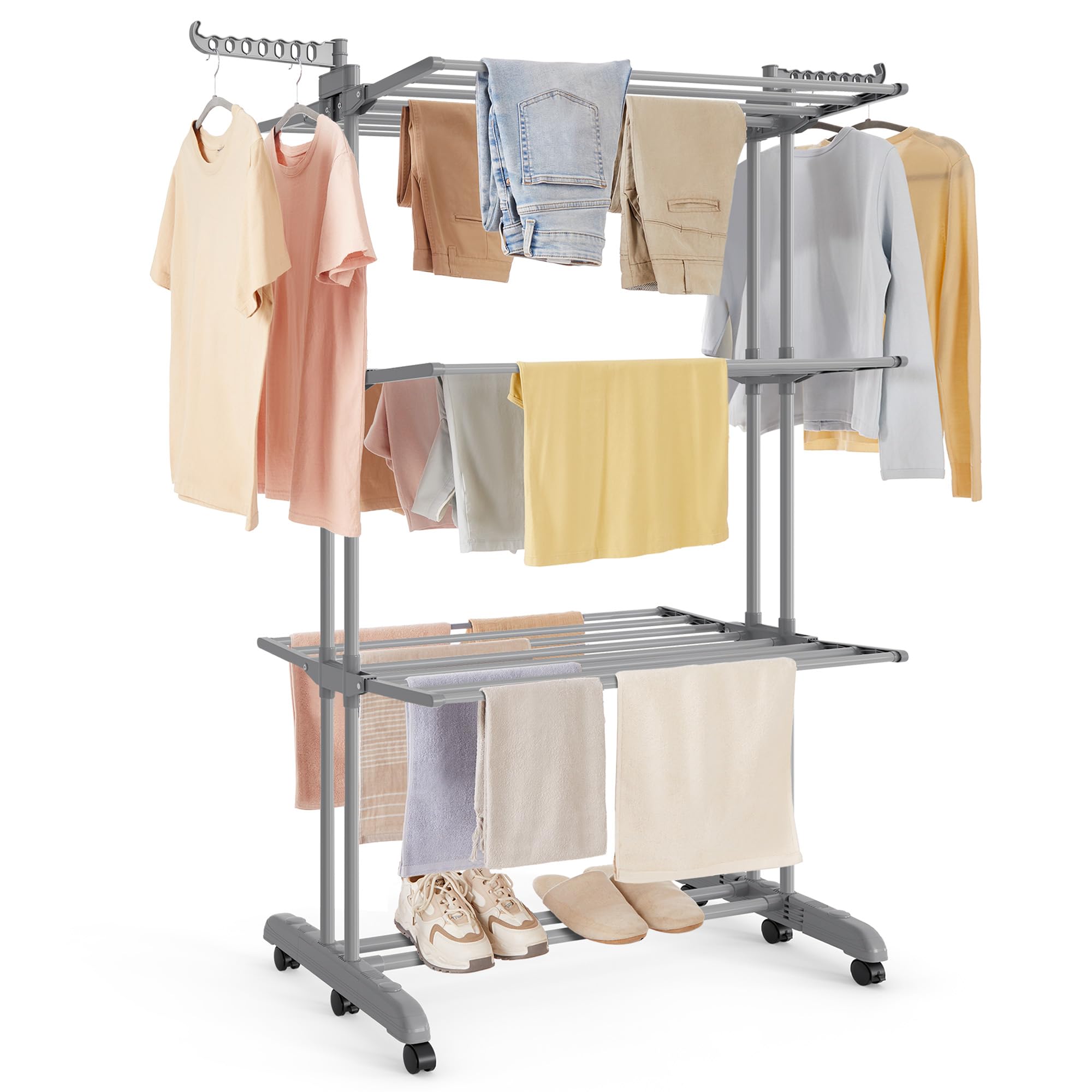 SONGMICS Wäscheständer, Standtrockner 4 Ebenen, Flügelwäscheständer, klappbare Flügel, mit Rollen, 63,5 x 125,5 x 173 cm, groß, einfacher Aufbau, Taubengrau LLR703G01