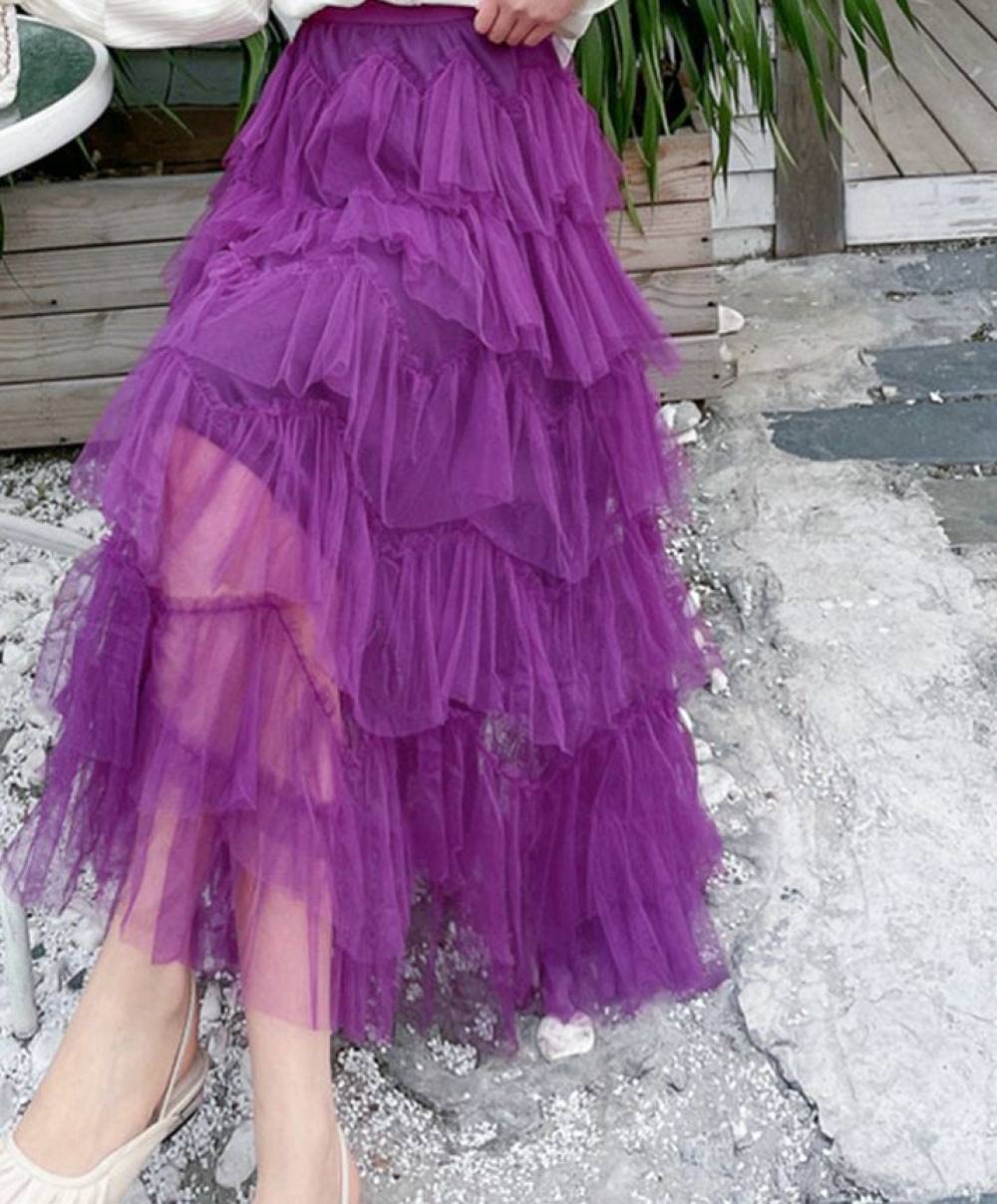 Gonne A Ruota,Gonna Lunga Da Donna Gonna Lunga In Tulle A Pieghe Elastico Viola A Vita Alta Tinta Unita Dolce Una Linea Altalena Gonna Lunga Tutù Con Volant A Strati Increspato Per Ragazze Signore,