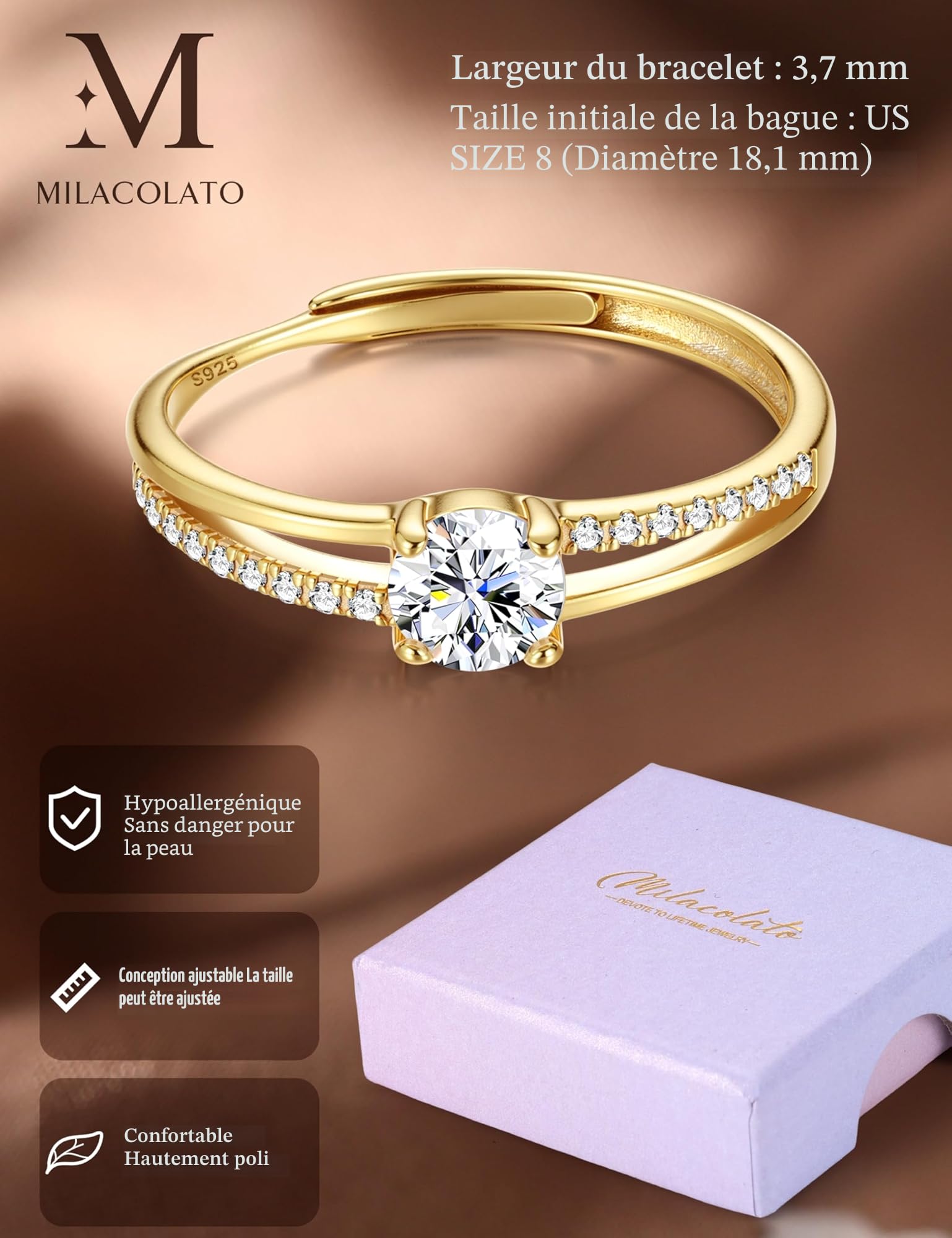 MILACOLATO Bague en Argent 925 pour Femme Bague en Argent Or Ajustable Bague de Fiançailles à Zirconium Cubique Bague de Mariage éternel Bague en Argent pour Femme