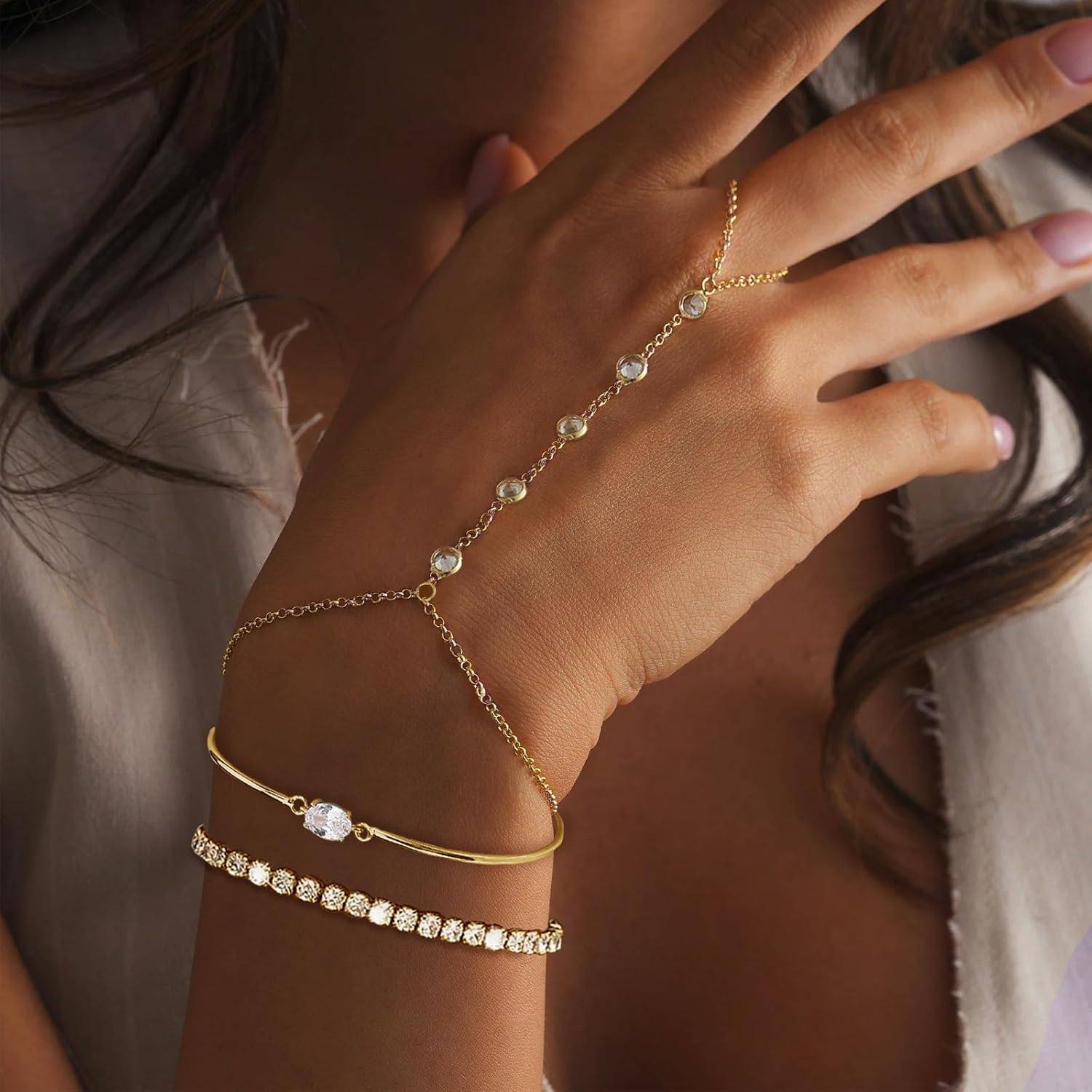 Hand Chain Bracelets Trendy CZ Finger Ring Chain Bracelet Gold Plated Slave Bracelets Stackable Hand Jewelry for Women - Image 2