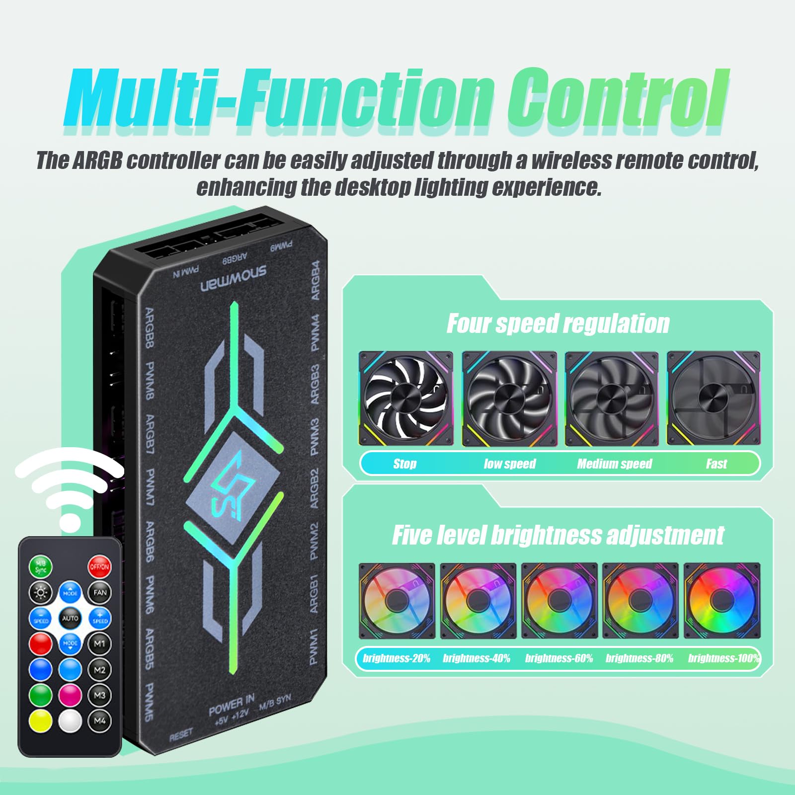 ARGB PWM Hub de ventilateurs, Avec contrôleur, 2 in 1 Concentrateur, 9 connecteurs PWM, 9 ports ARGB, contrôleur de température, contrôle de la couleur d'éclairage