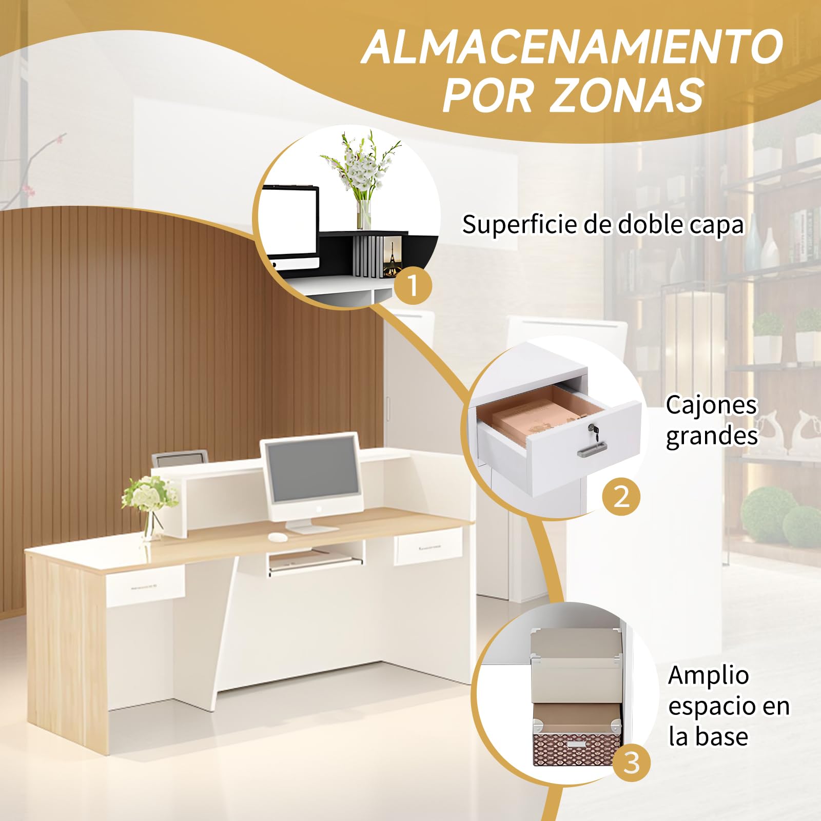 Mostrador Recepción Moderno de 100 A 240 cm con Cajón y Estantes Abiertos Mueble para Oficina Salón de Belleza Tienda o Área de Entrada