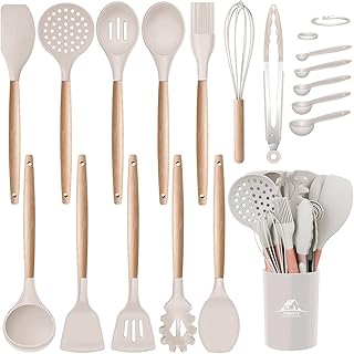 MIBOTE Silicone Cooking Kitchen Utensils Set with Holder, Wooden Handles...