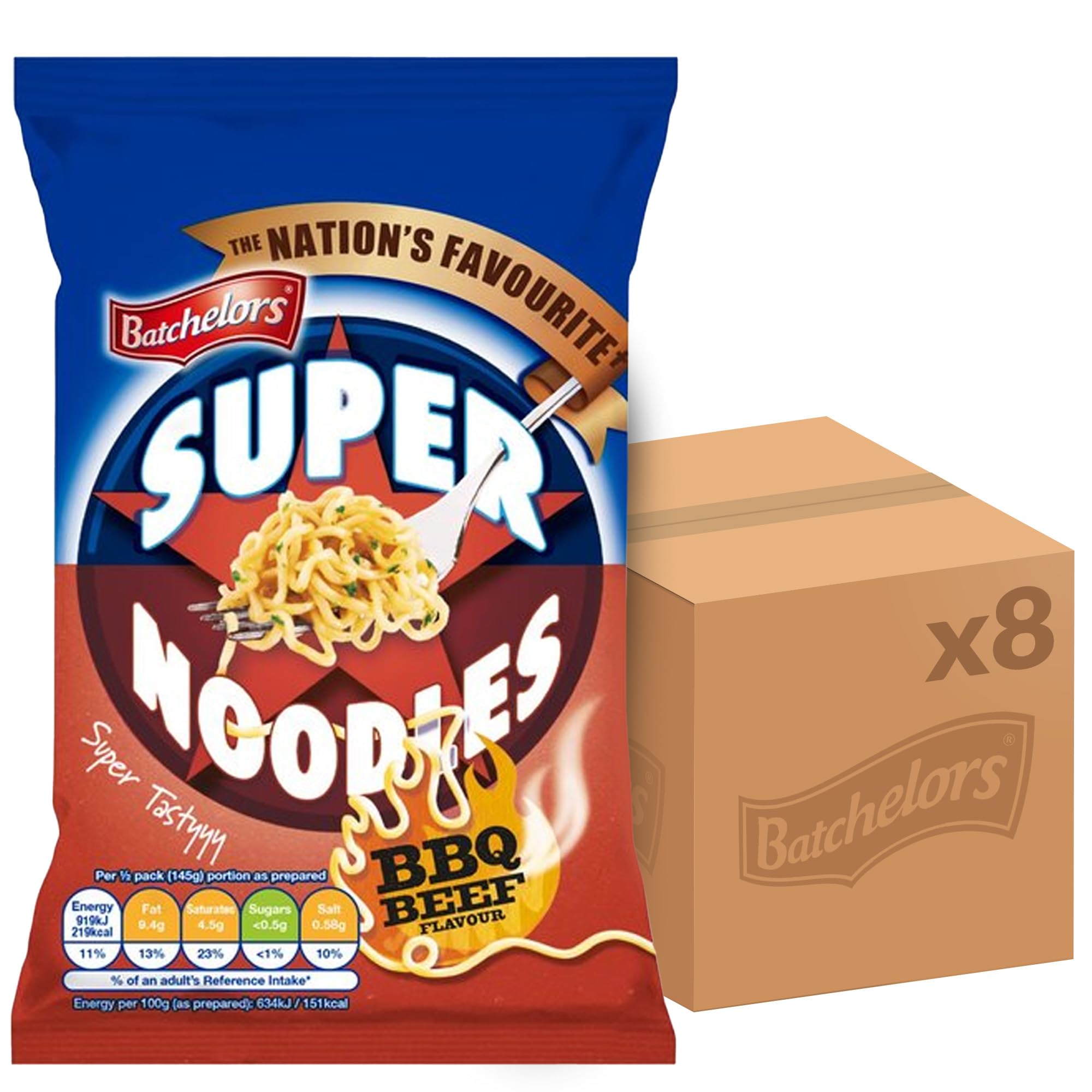 Batchelors Super Noodles Tasty BBQ Beef Flavour, Instant Snack Ready in 4 Minutes, 90 g Packet (Pack Of 8)