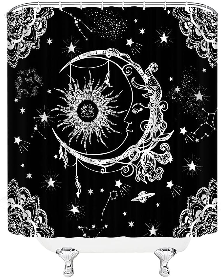 Burning Sun and Moon Shower Curtain Vintage Sketch Celestial Mandala Floral Pattern Black White Constellation Mysticism Chic Abstract Fabric Bathroom Decor Set with Hooks,(84" Wx70 H)