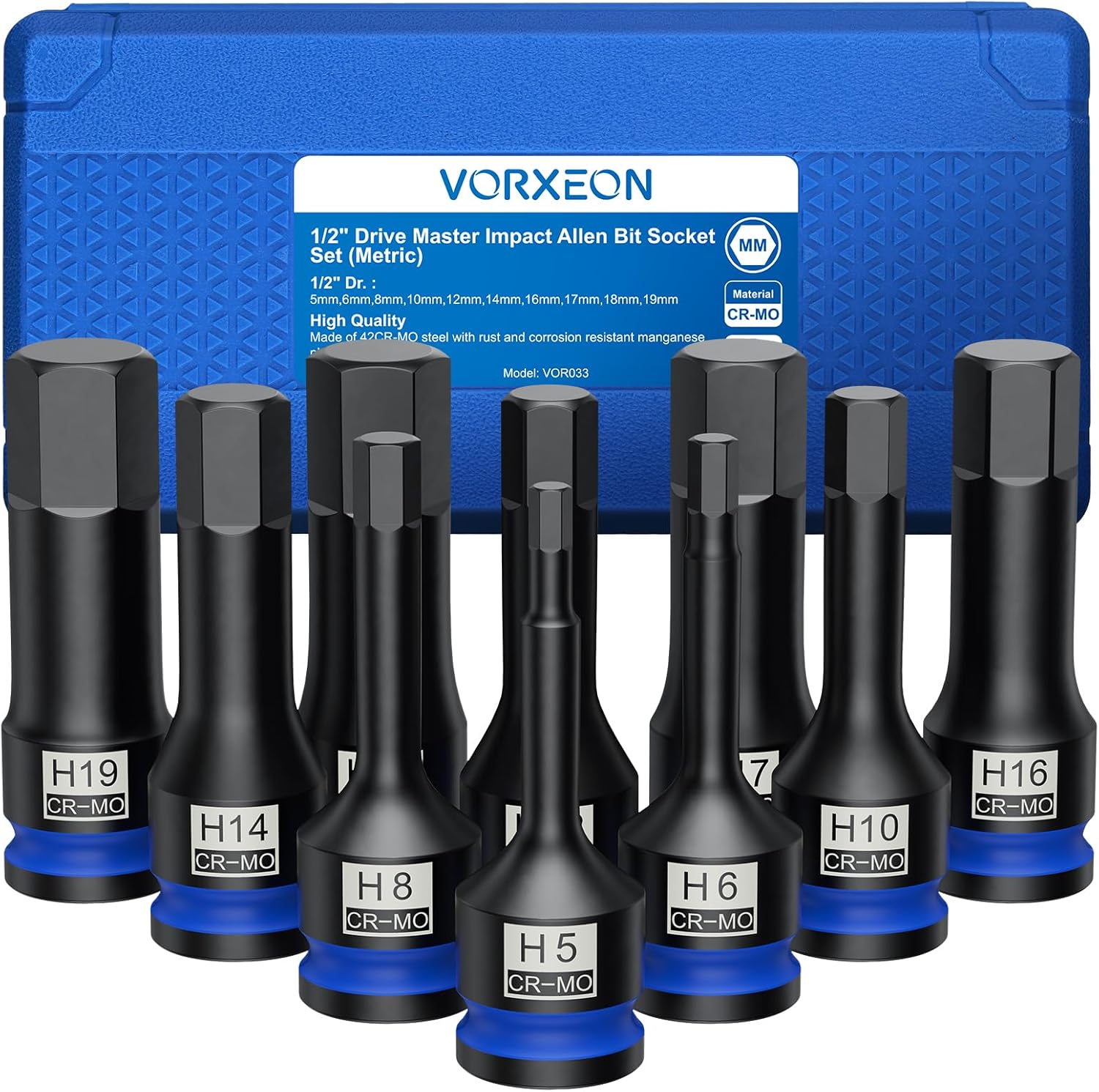 VORXEON 10pcs 1/2 inch Drive Metric Impact Hex Bit Socket Set 42CRMO ...