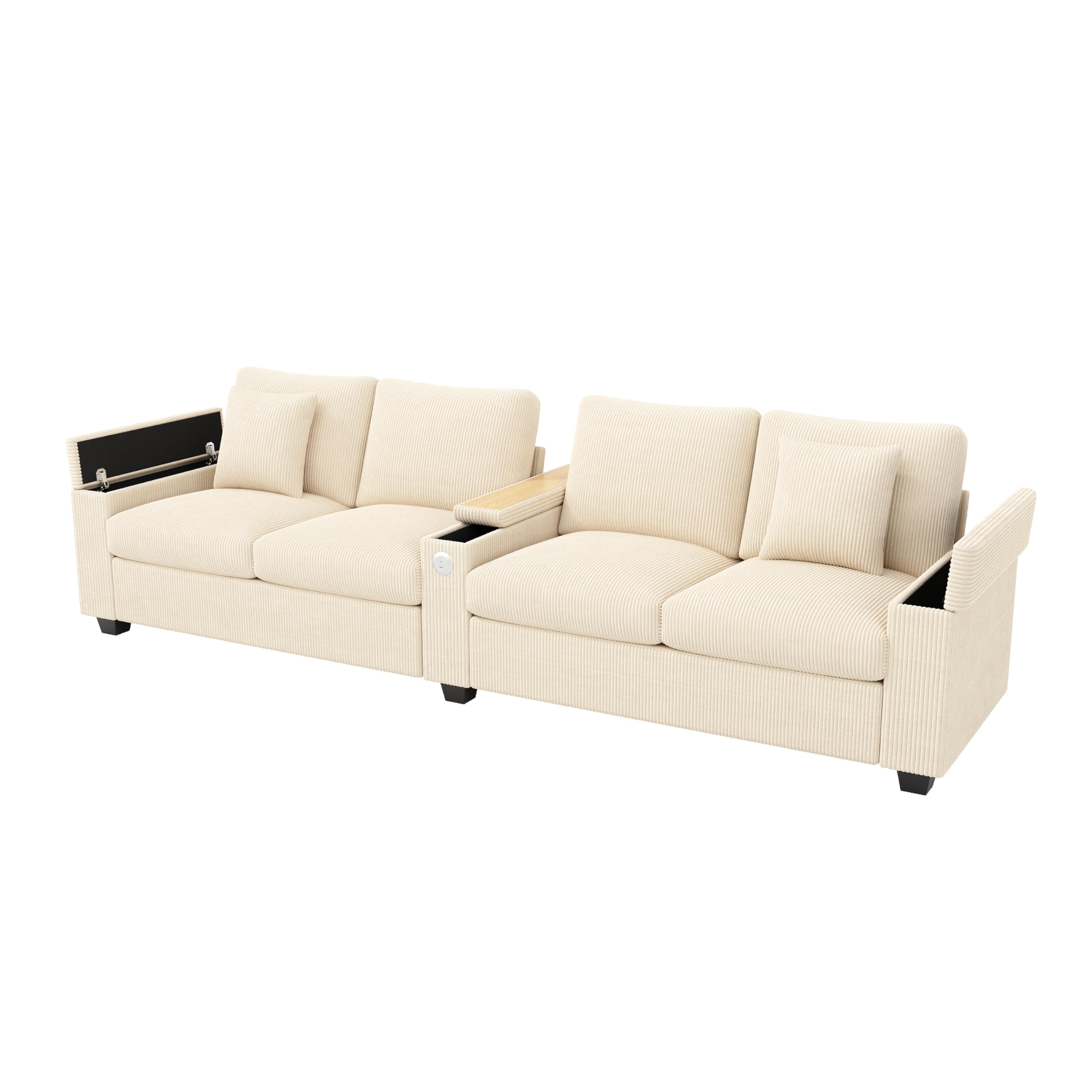 Azkoeesy Divano Moderno a 4 Posti, Lunghezza 3 m, Velluto (Beige) | per Salotto e Ufficio, 2 Cuscini, Presa USB, 3 Braccioli con Cassetto, Sedute e Cuscini Lavabili e Sfoderabili