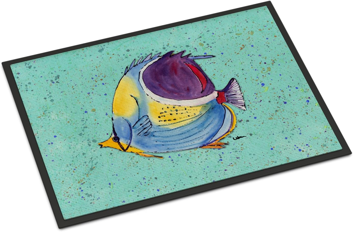 Caroline's Treasures 8576MAT Tropical Fish on Teal Doormat 18x27 Front Door Mat Indoor Outdoor Rugs for Entryway, Non Slip Washable Low Pile, 18H X 27W