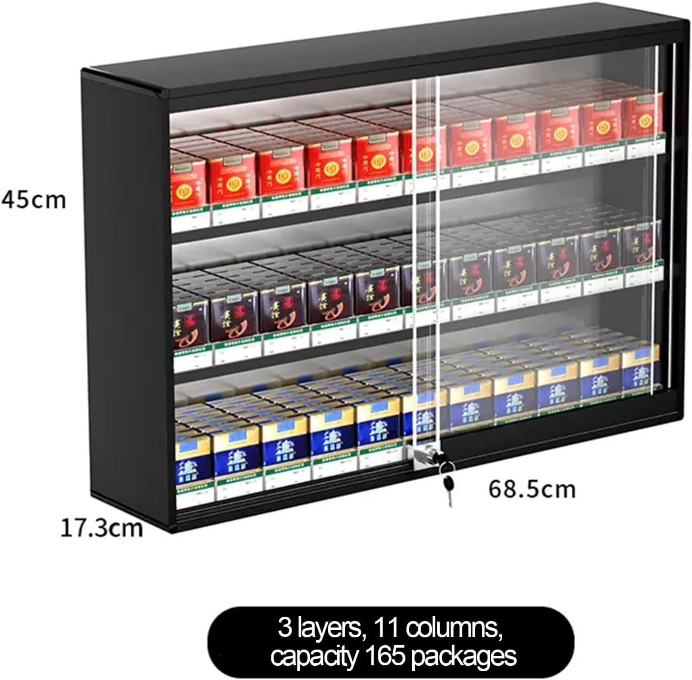 Aluminium Cigarettes Display Holder, Cigarette Showcase with Lock, Matchbook Storage Case, Holds 90-840 Packs Pf Tobacco (Color : Black, Size : 68.5x17.3x45cm)