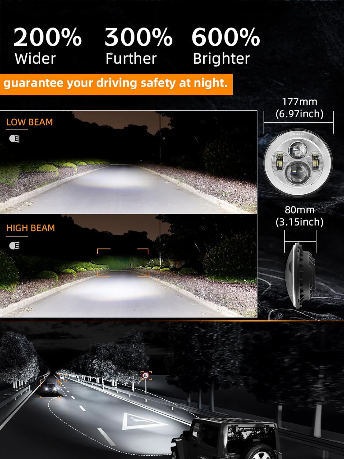 UNI-SHINE 2pcs Projector 7 Inch LED Headlight Hi/Lo Beam Chrome 7’’ Round H6024 LED Headlight Compatible with Jeep Wrangler JK CJ TJ fit for Miata, for Chevy SC2