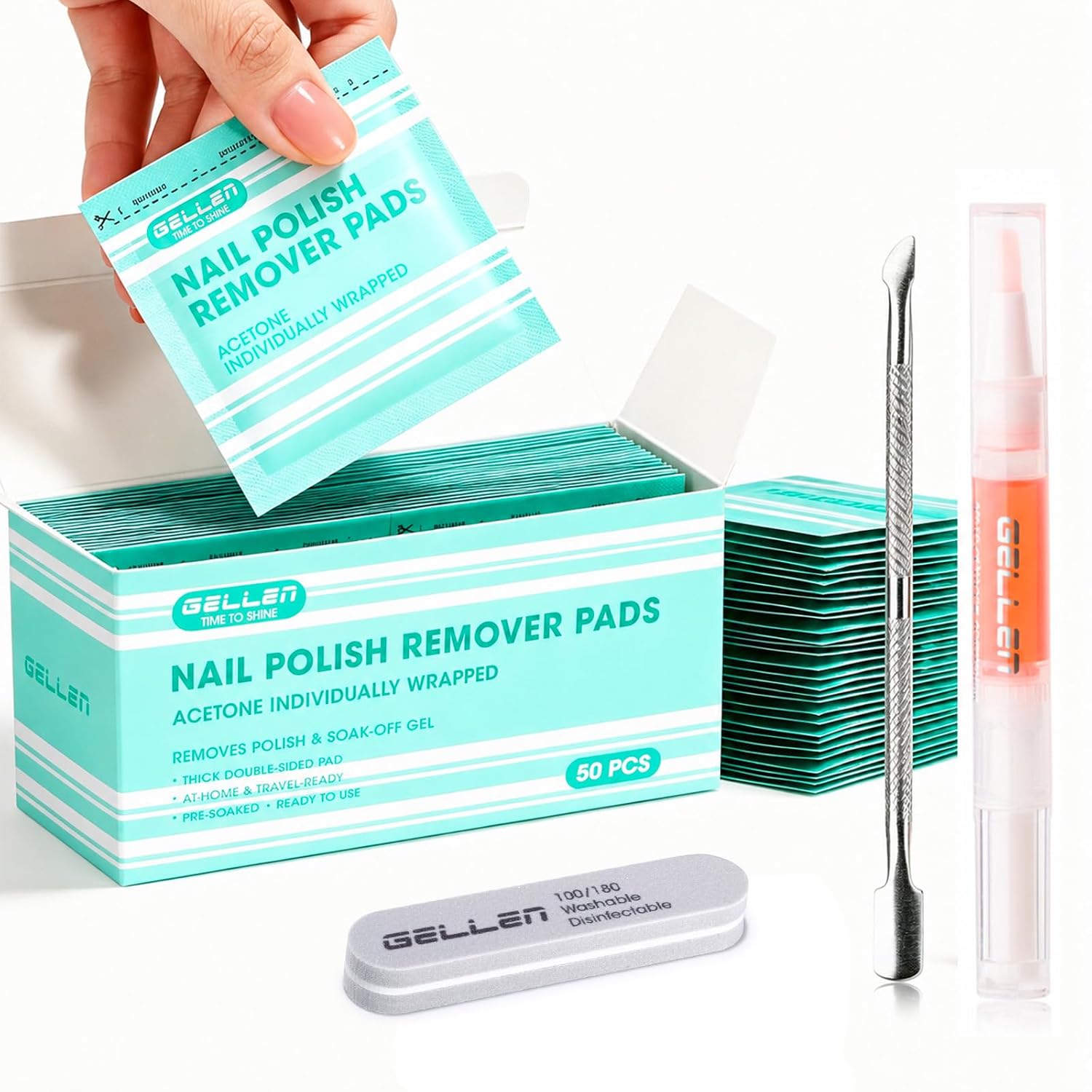 Gellen Nail Polish Remover Pads, 50 Pack Bulk Set Large Acetone Gel Nail Polish Remover, Quick & Effective Gel & Fingernail Polish Removal, Travel Size Individually Wrapped Wet Wipes for Home & Salon