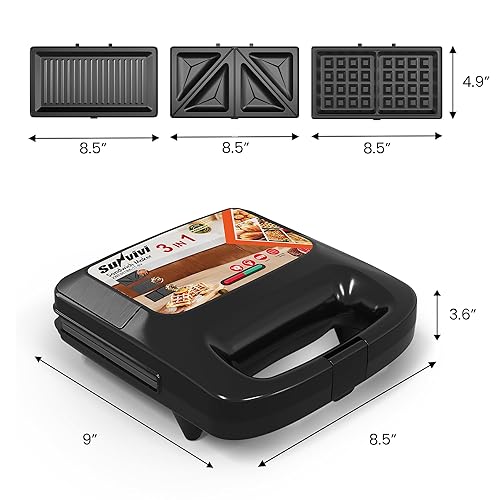 Miniatura 5 de Juego de gofres 3 en 1, parrilla y sándwichero, sandwichero, prensa panini, con placas antiadherentes extraíbles e luces indicadoras, parrilla de