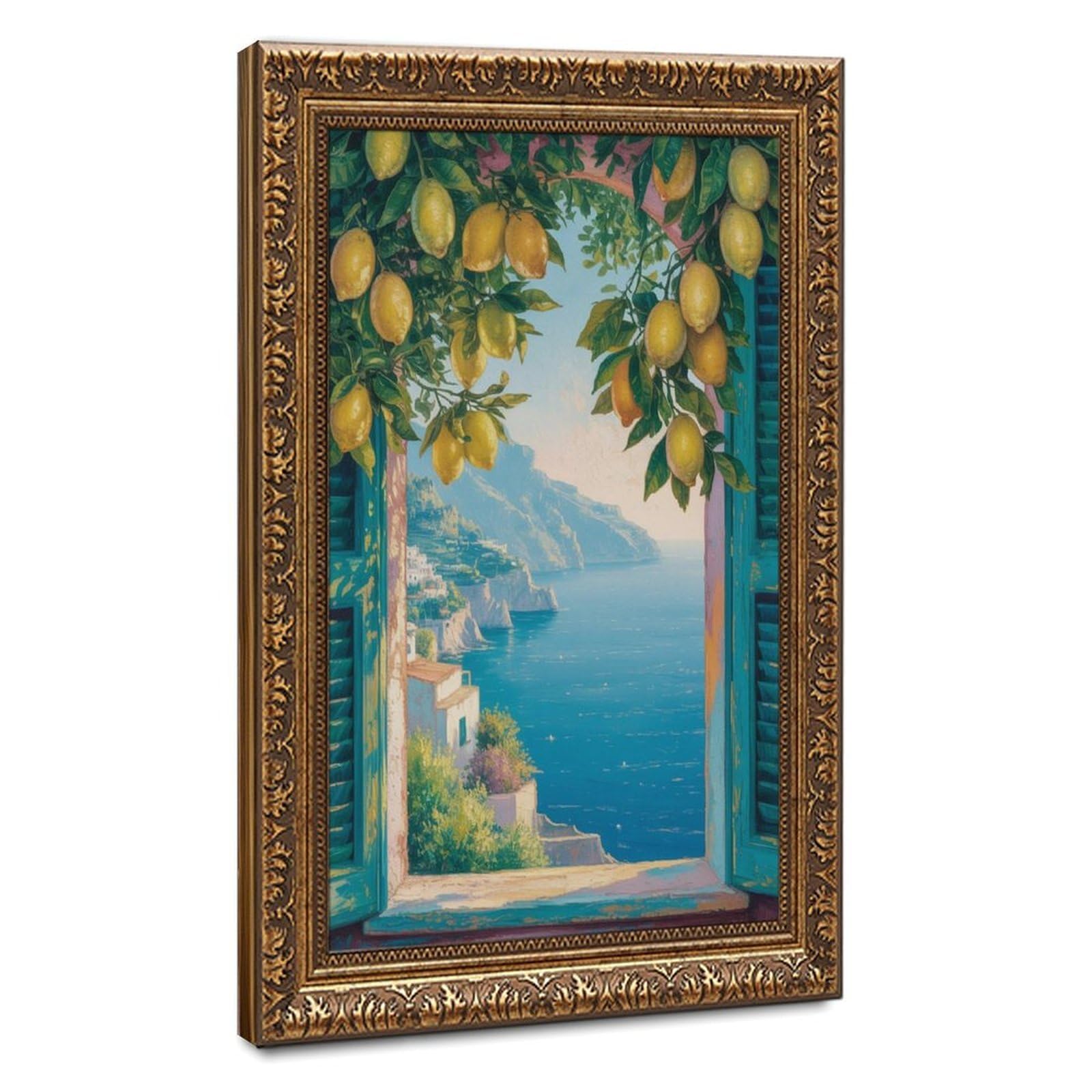 Lxwnze Retro Gold Frame-Style Coastal Lemon Tree, Italian Seaside Canvas Poster For Dorm Room Decor Gift